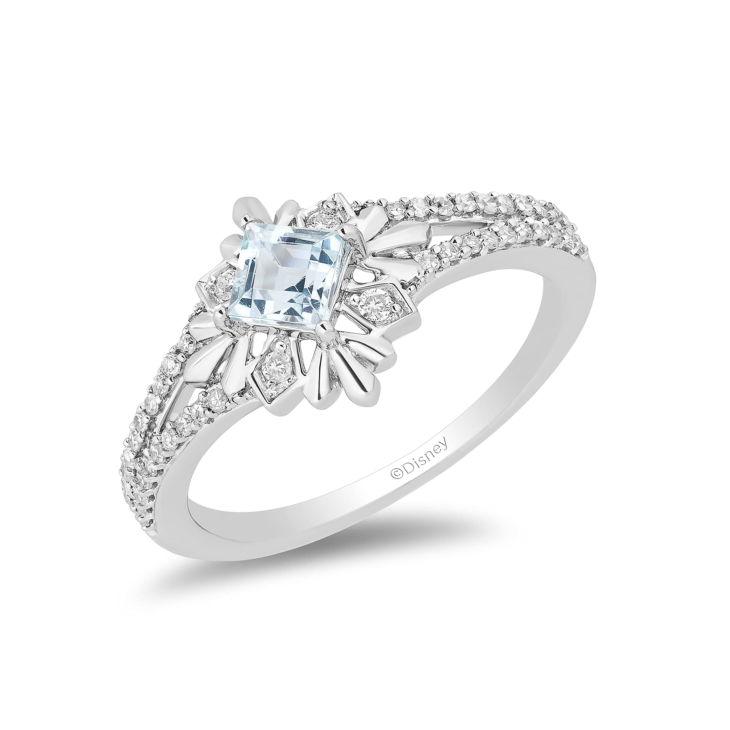Jewelili Enchanted Disney Elsa Snowflake Ring - Sterling Silver with 1/5 Cttw Aquamarine & Diamond Center | Perfect for Disney Fans, Birthday Gifts & Special Occasions