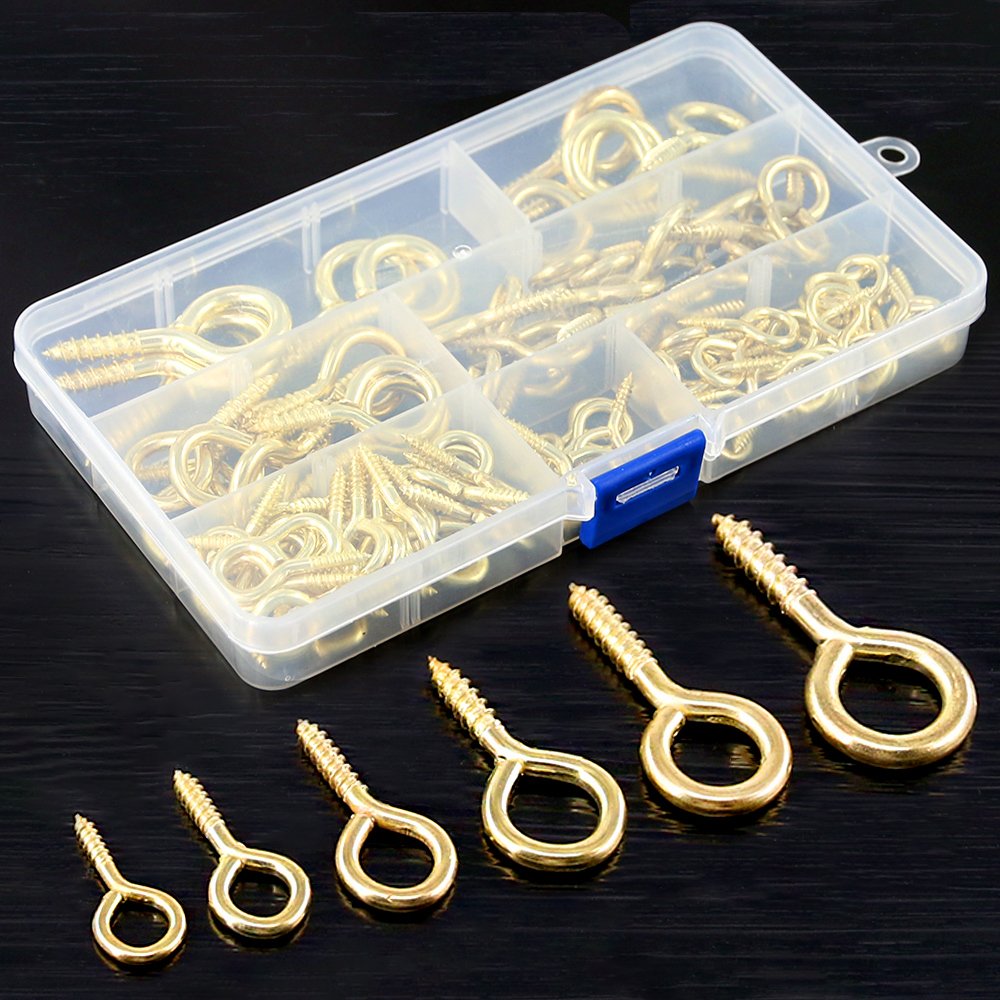 120Pcs Gold Screw Eye Hooks Kit - 6 Sizes Metal Self-Tapping Screws for Home & Office Use