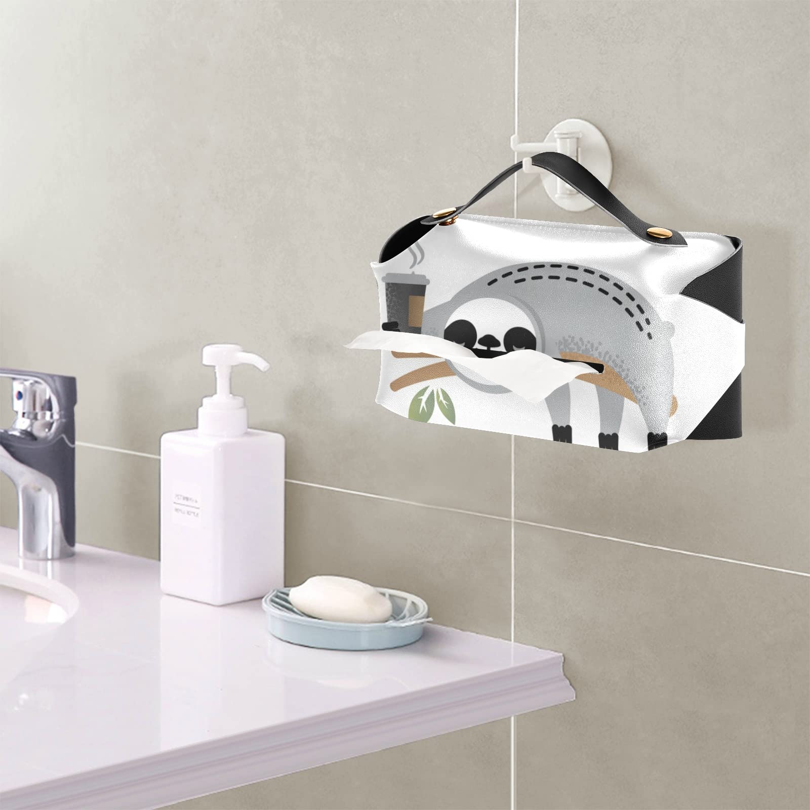 Cute Grey Sloth Tissue Box Cover - Leather Rectangle Design with Tree Branches & Green Leaves - Perfect for Bathroom, Home, Office, Car (9.4x5.1x3.6 in) | Stylish Vanity & Nightstand Decor