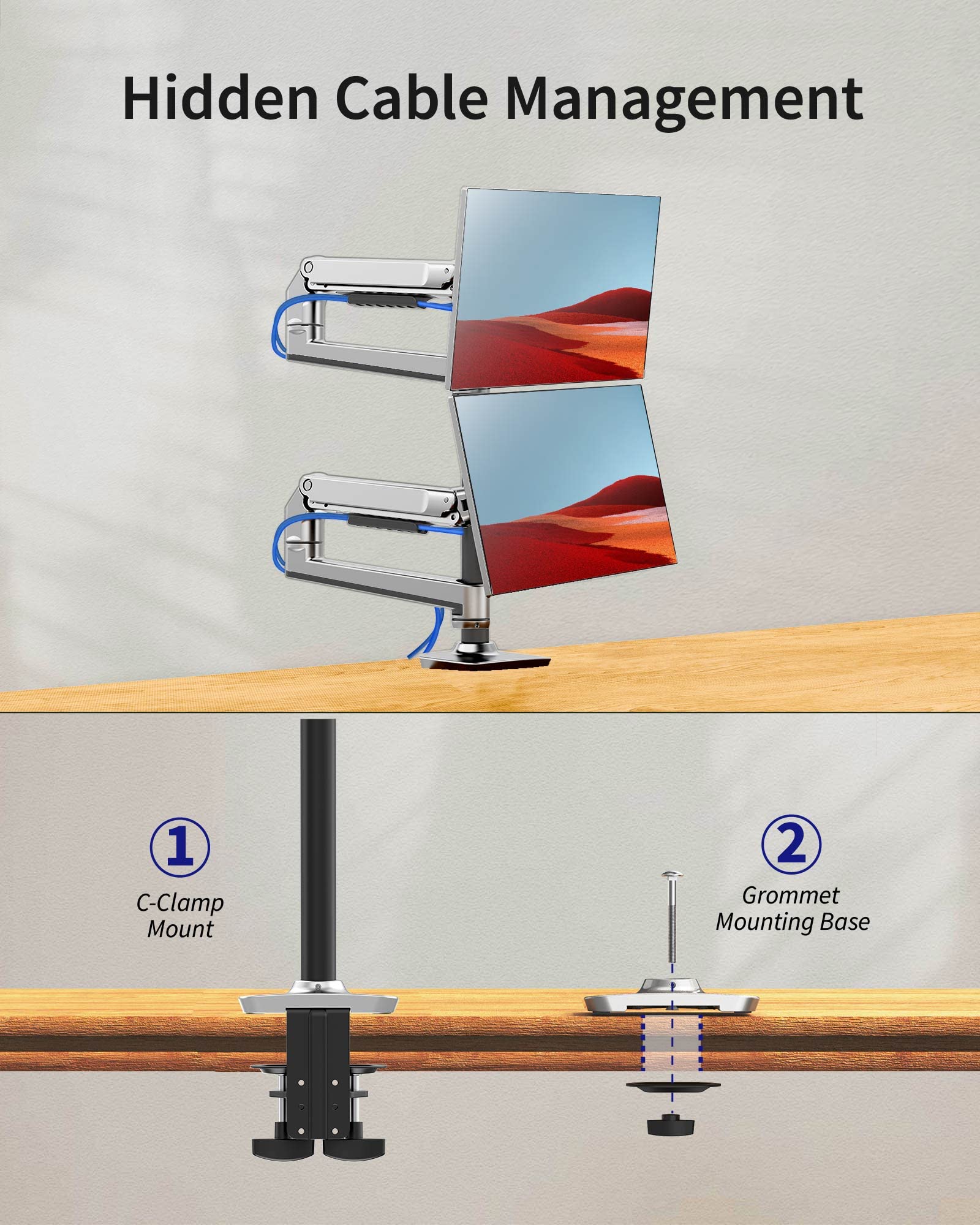 Dual Monitor Stand for 40 Inch Screens - Heavy Duty Adjustable Monitor Arm with C-Clamp & Grommet Base - Aluminum Silver Dual Monitor Mount Holds 25 lbs - Perfect for Home Office, Gaming Setup & Workstation Ergonomics