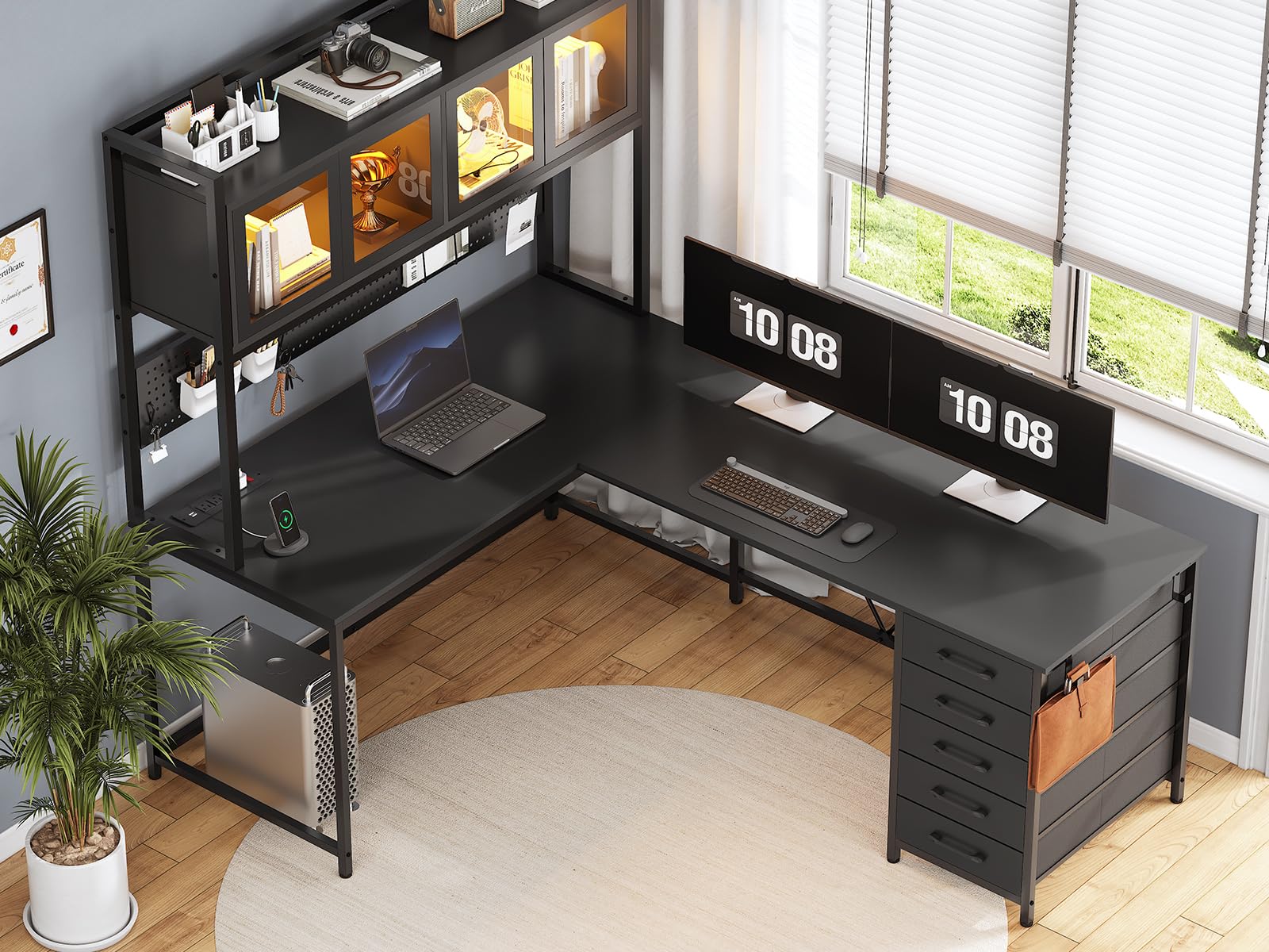SEDETA L-Shaped Gaming Desk with Drawers, Hutch & Storage Shelves - Black Corner Computer Desk with Pegboard, LED Lights & Power Outlet for Home Office | Perfect for Gaming Setup, Workstation & Small Space Organization