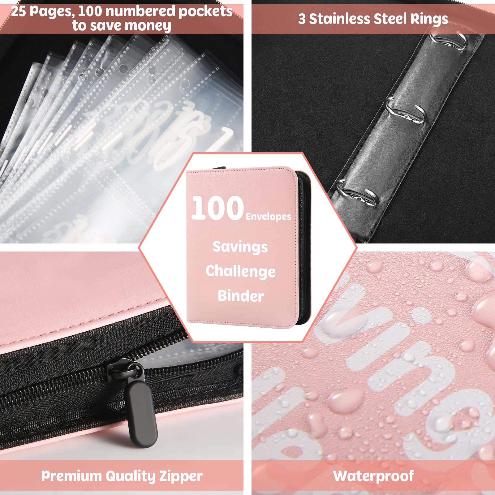 100 Envelopes Money Saving Challenge Binder with Laminated Tracker - Budget Organizer with Cash Envelopes & Zippered Savings Book to Save $5,050 (Pink) - Perfect for Personal Finance, Cash Budgeting & Debt Payoff Goals