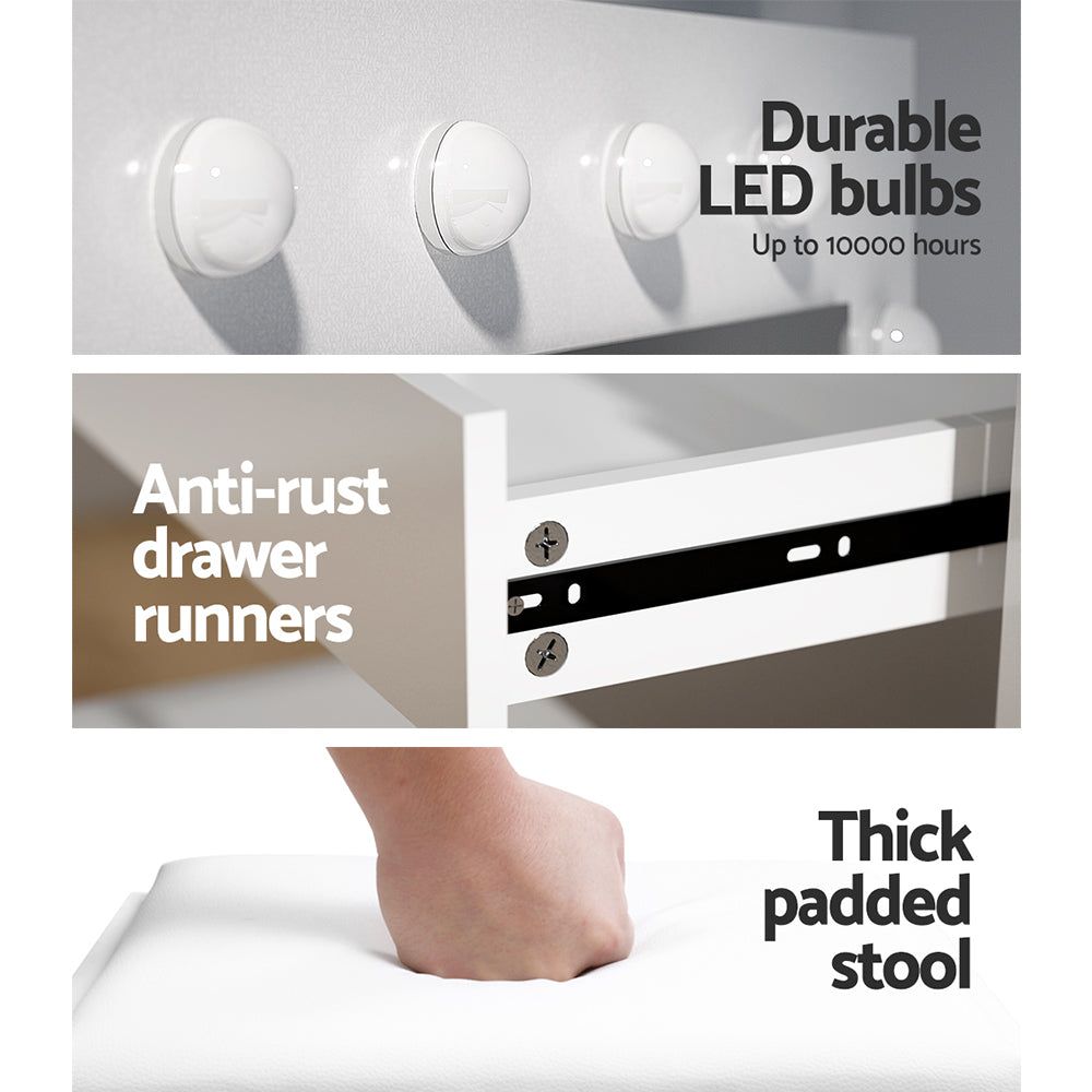 Artiss Vanity Dressing Table Set with Stool & 12 LED Bulbs - White Makeup Desk for Bedroom, Bathroom & Dorm Room