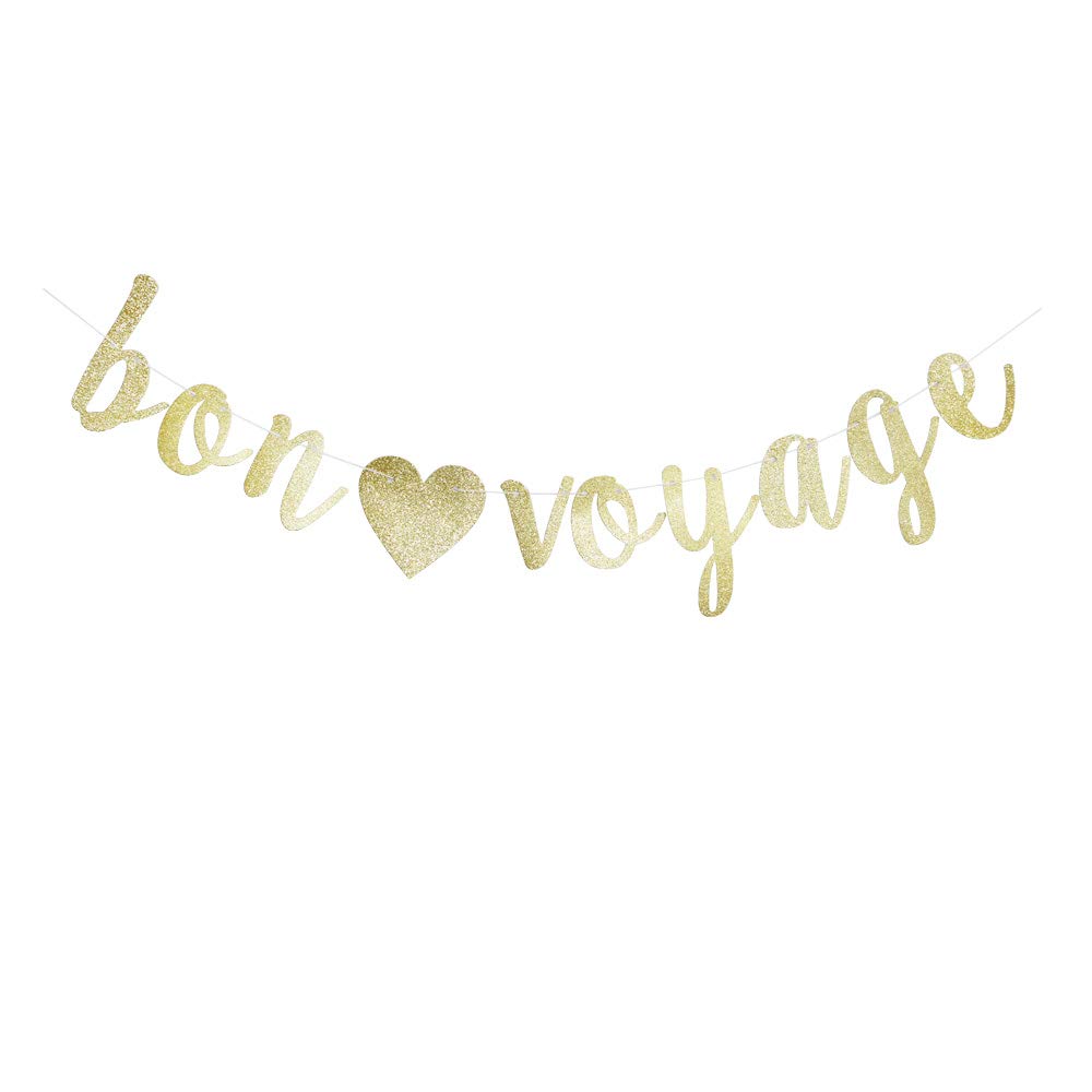 Bon Voyage Banner - Gold Glitter Travel Sign & Garland Decorations for Travel Theme Parties, Graduation Celebrations, Retirement Parties & Moving Away Events - Perfect for Wall Decor, Photo Backdrops & Party Supplies