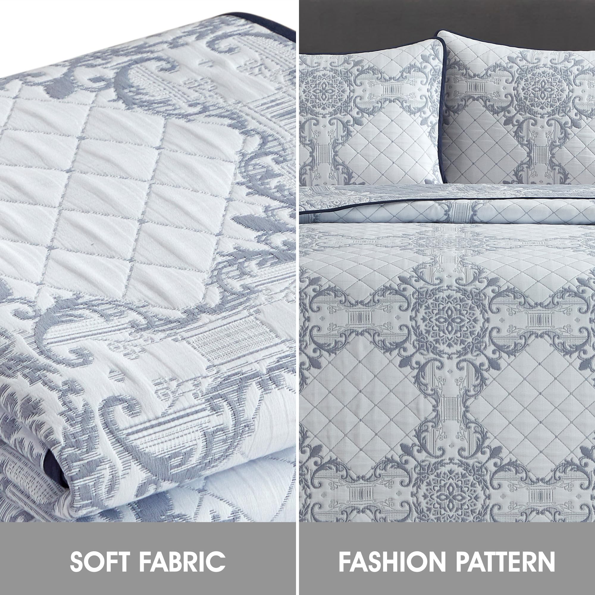 Stratford Park Beige Navy 3-Piece Queen Size Quilt Set | Microfiber Double Pinsonic Quilting | All-Season Bedspread | Perfect for Master Bedroom, Guest Room & Dorm Decor