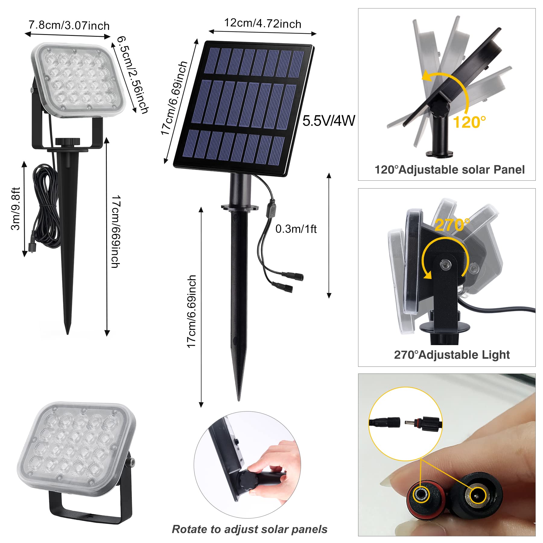 20 LED Solar Spot Lights Outdoor, IP65 Waterproof 3000K Warm White Dusk-to-Dawn Solar Lights for Yard, Garden, Driveway, Porch, Walkway - 4-in-1 Design for Landscape, Pathway, and Security Lighting
