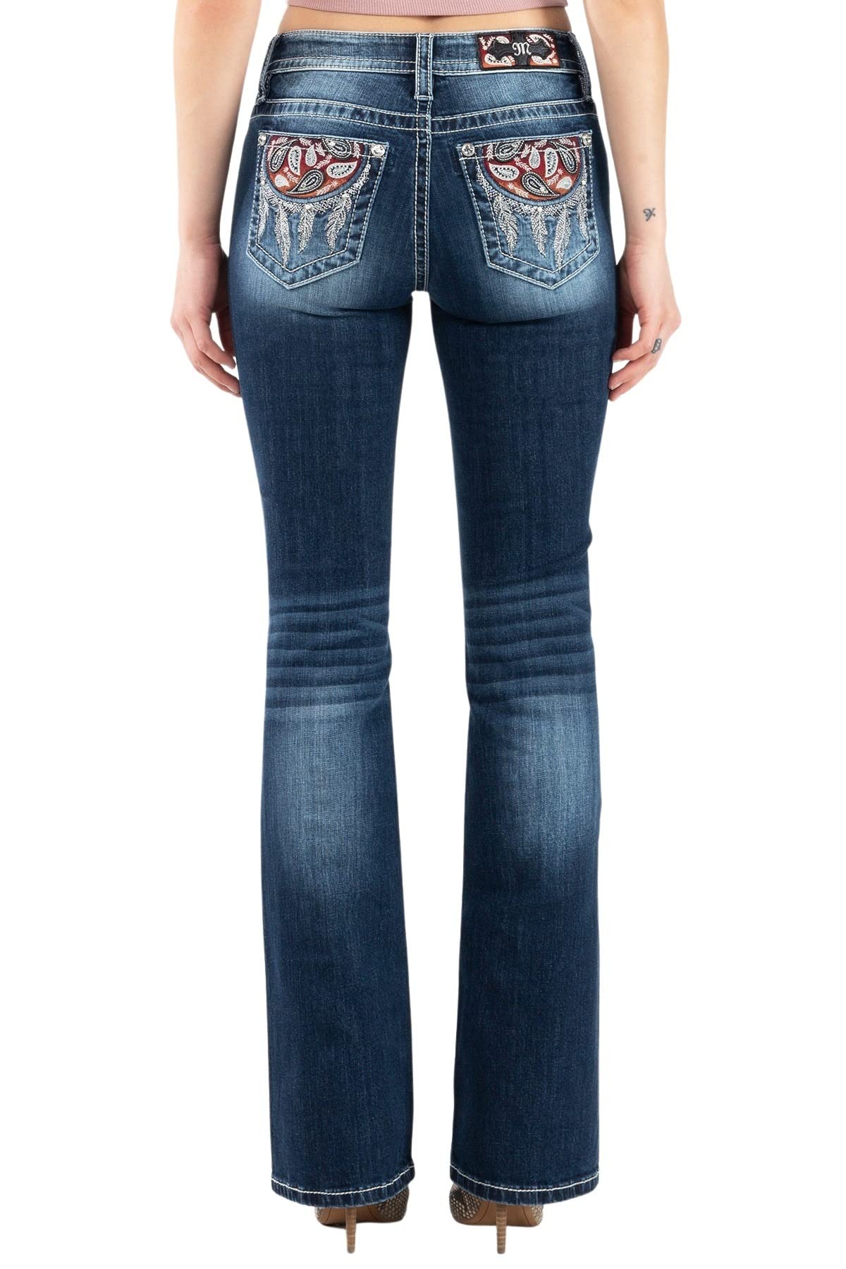 Miss Me Women's Mid Rise Bandana Dream Catcher Bootcut Jeans - Stylish Western Denim Pants for Casual Wear & Country Outfits