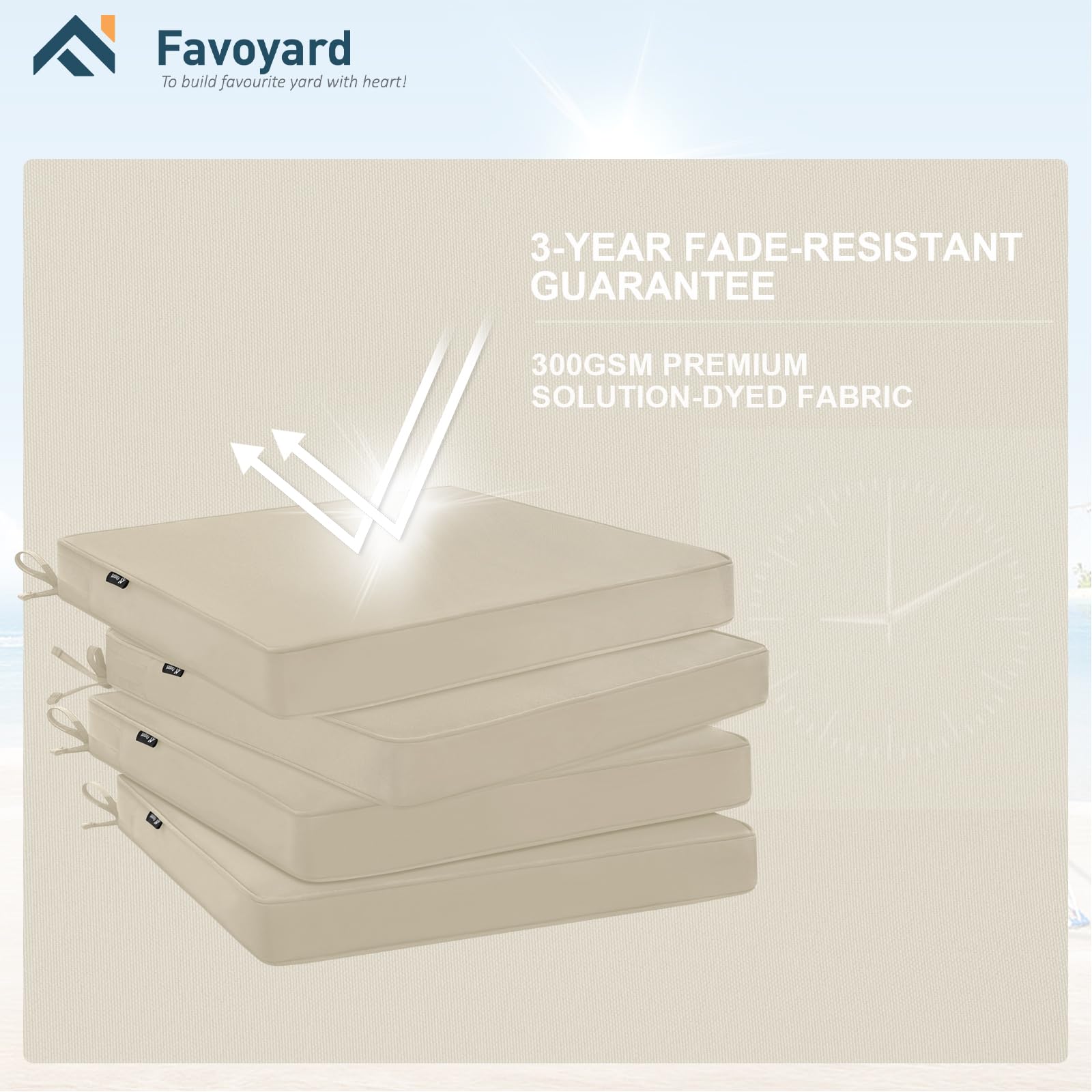Favoyard 19x19 Inch Outdoor Chair Cushions Set of 4 - Waterproof Patio Furniture Cushions with Hidden Zipper & Straps, Fade Resistant for 3 Years - Perfect for Dining Chairs, Garden, Poolside, and Backyard Relaxation
