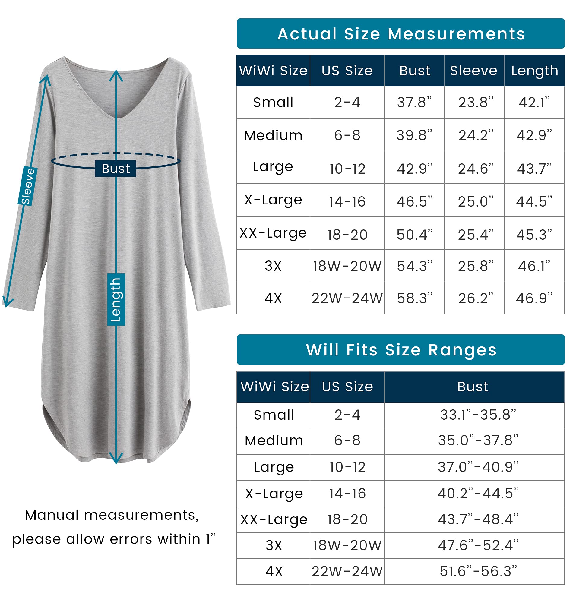 WiWi Bamboo Nightgowns for Women - Soft Long Sleeve Sleep Shirt, Comfy Nightshirts & Sleepwear, Plus Size Pajamas S-4X - Perfect for Relaxing at Home, Lounging & Cozy Nights