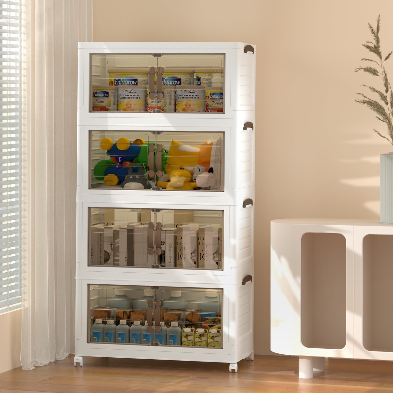 220Qt Stackable Storage Bins with Lids & Wheels - Collapsible Closet Organizer with Magnetic Suction Door - 4-Tier Plastic Storage Containers for Bedroom, Home Organization - Perfect for Seasonal Clothes, Toys & Household Items Storage