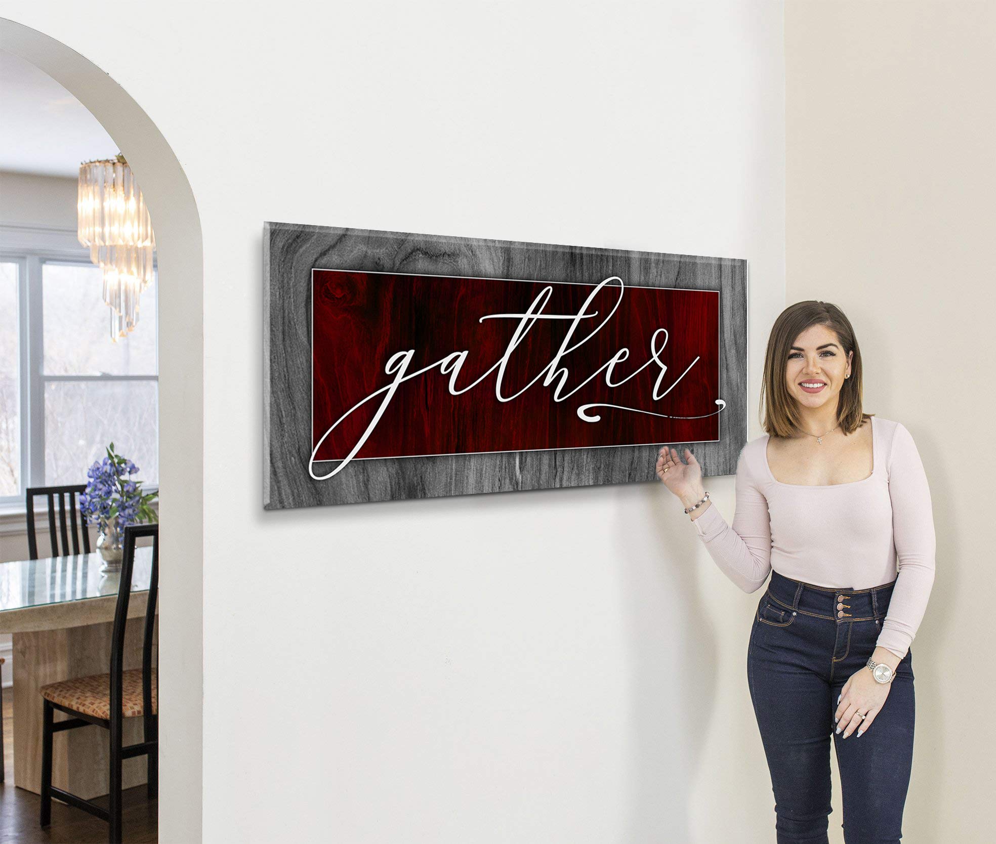 Farmhouse Style 'Gather' Pantry Sign - 60x27 Inch Rustic Wall Decor for Kitchen, Dining Room & Living Room | Perfect for Home Decor, Housewarming Gifts & Farmhouse Aesthetic (Red)