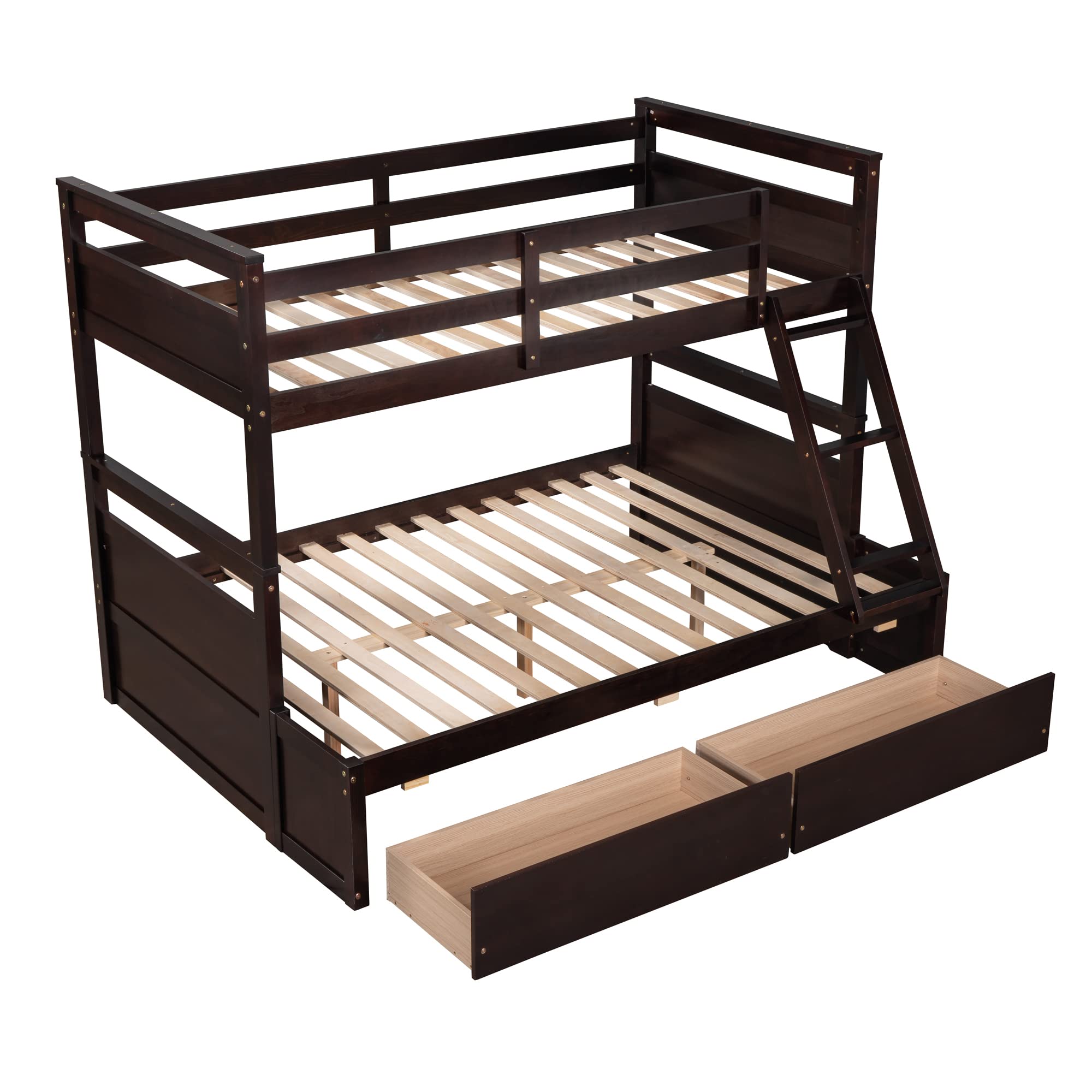 Twin Over Full Bunk Bed with Storage - Solid Wood Frame, Safety Rail - Convertible to 2 Beds for Kids & Adults - Espresso Finish for Bedroom