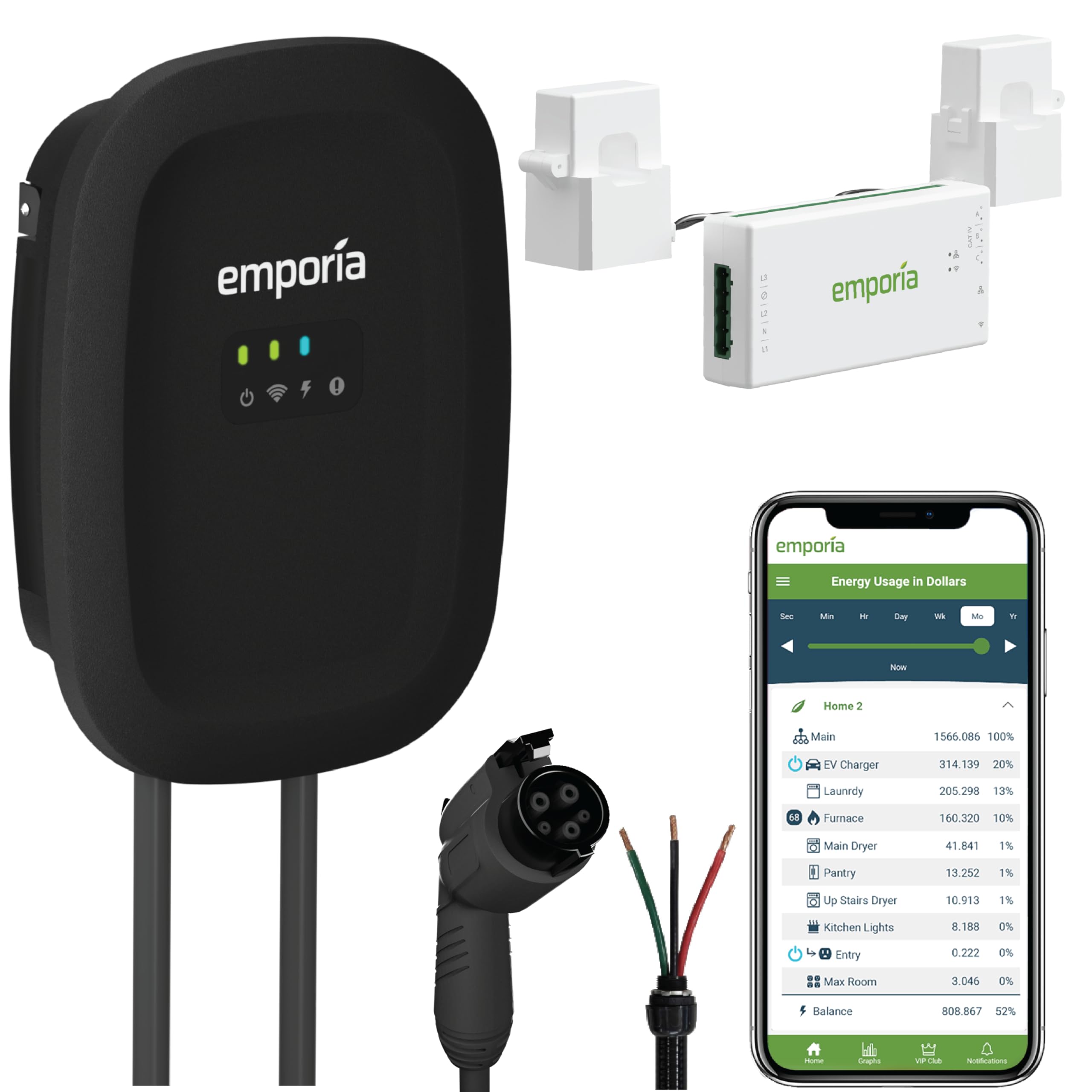 EMPORIA Level 2 EV Charger 240V with J1772 Connector - UL & Energy Star Certified Smart Electric Vehicle Charger with PowerSmart Load Management - Hardwired Installation Kit Included - Save on Electrical Panel Upgrades - Perfect for Home, Office & Public Charging Stations