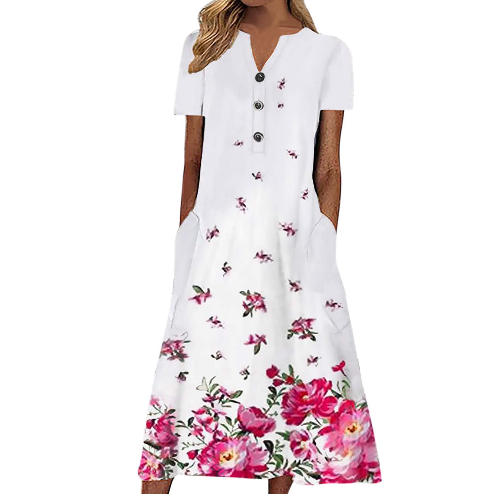 Women's V-Neck Short Sleeve Printed Button Midi Dress - Casual Loose Fit Sundress in Green | Perfect for Summer Outings, Beach Vacations & Everyday Wear