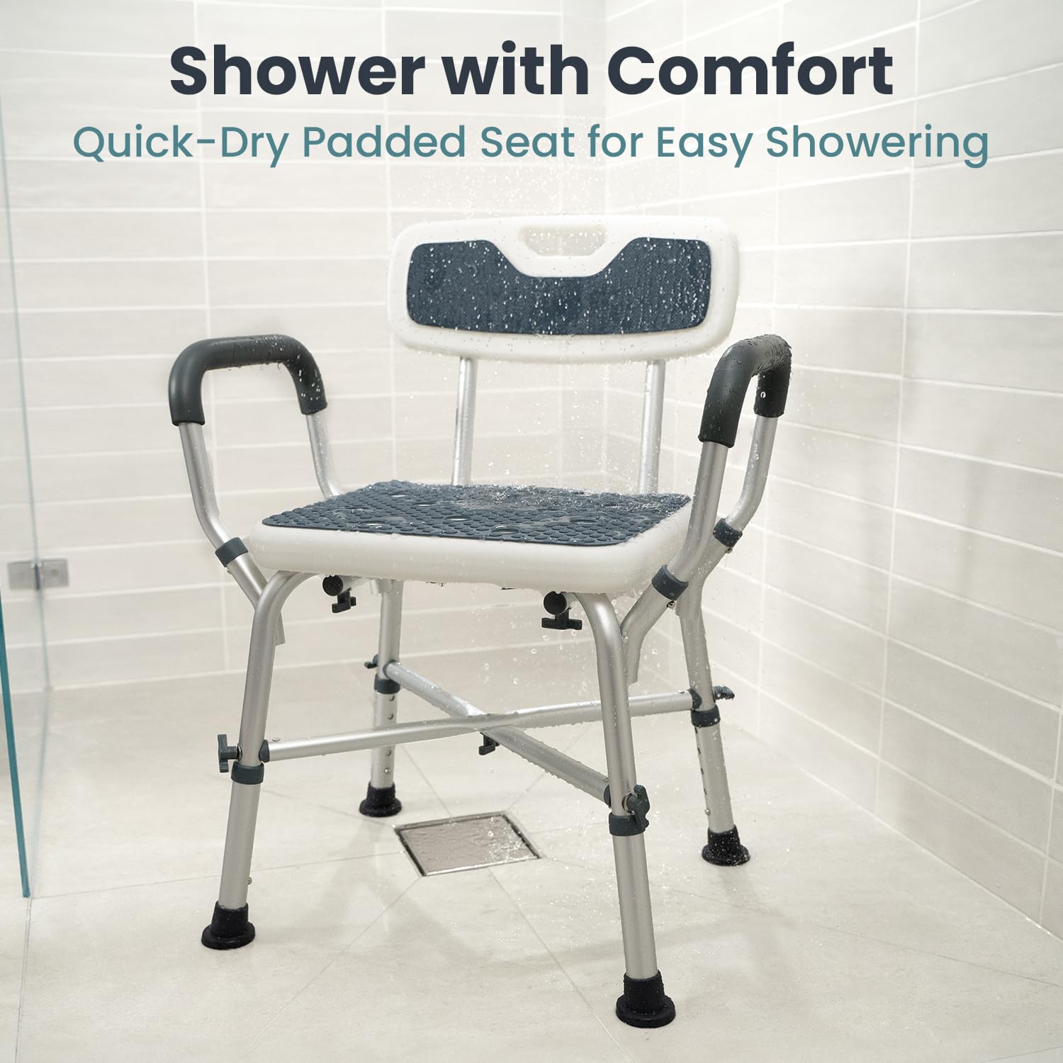 **Heavy Duty Shower Chair for Elderly & Disabled - 450lb Capacity, Adjustable Height, Padded Armrests & Back Support - Non-Slip Bath Seat for Safe Showering at Home, Hospital, or Assisted Living (Blue)**