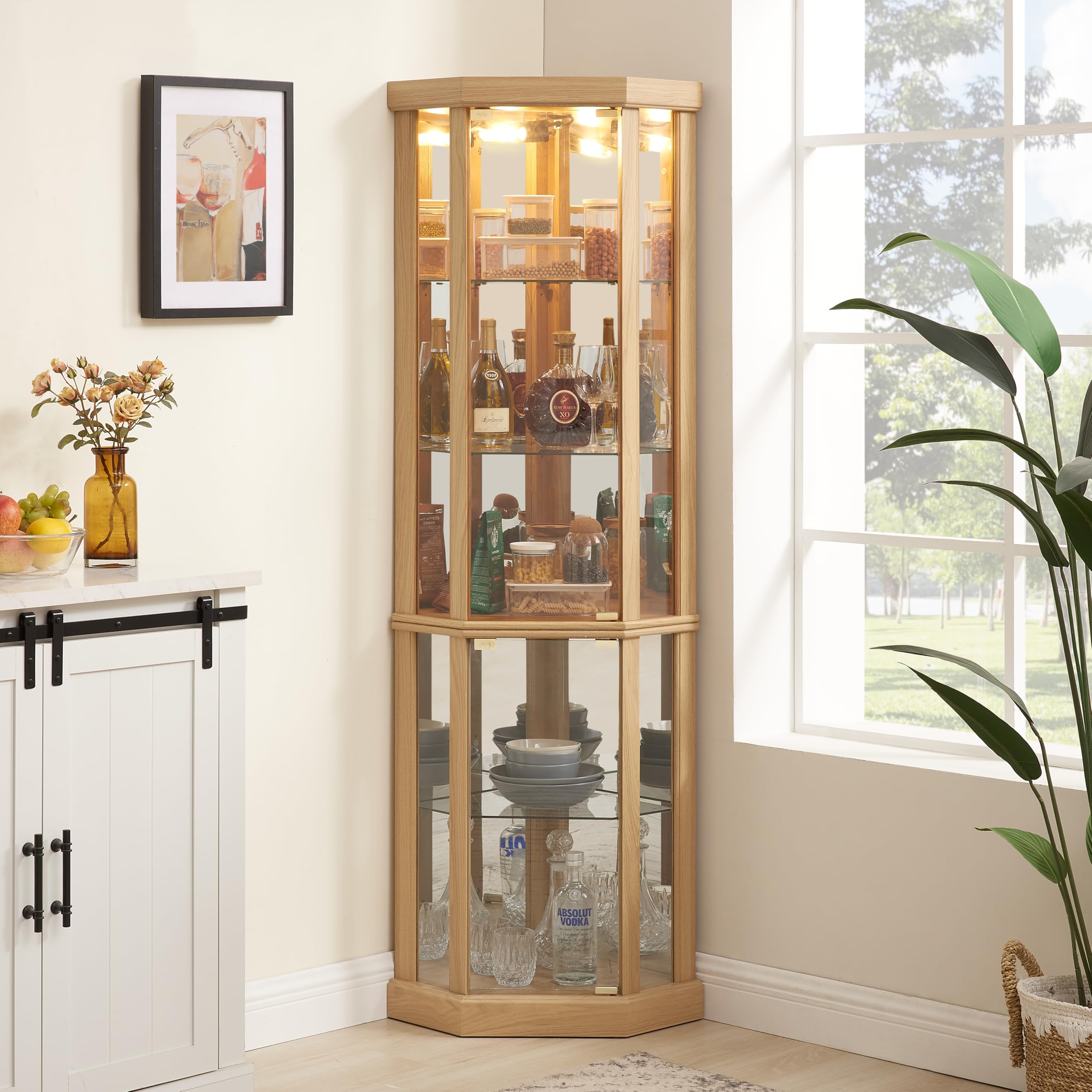 Corner Curio Cabinet with LED Lights - Glass Display Case for Living Room, Antique & Wine Collection Storage - Light Oak Finish - Perfect for Home Decor, Barware Display & Collectibles Showcase