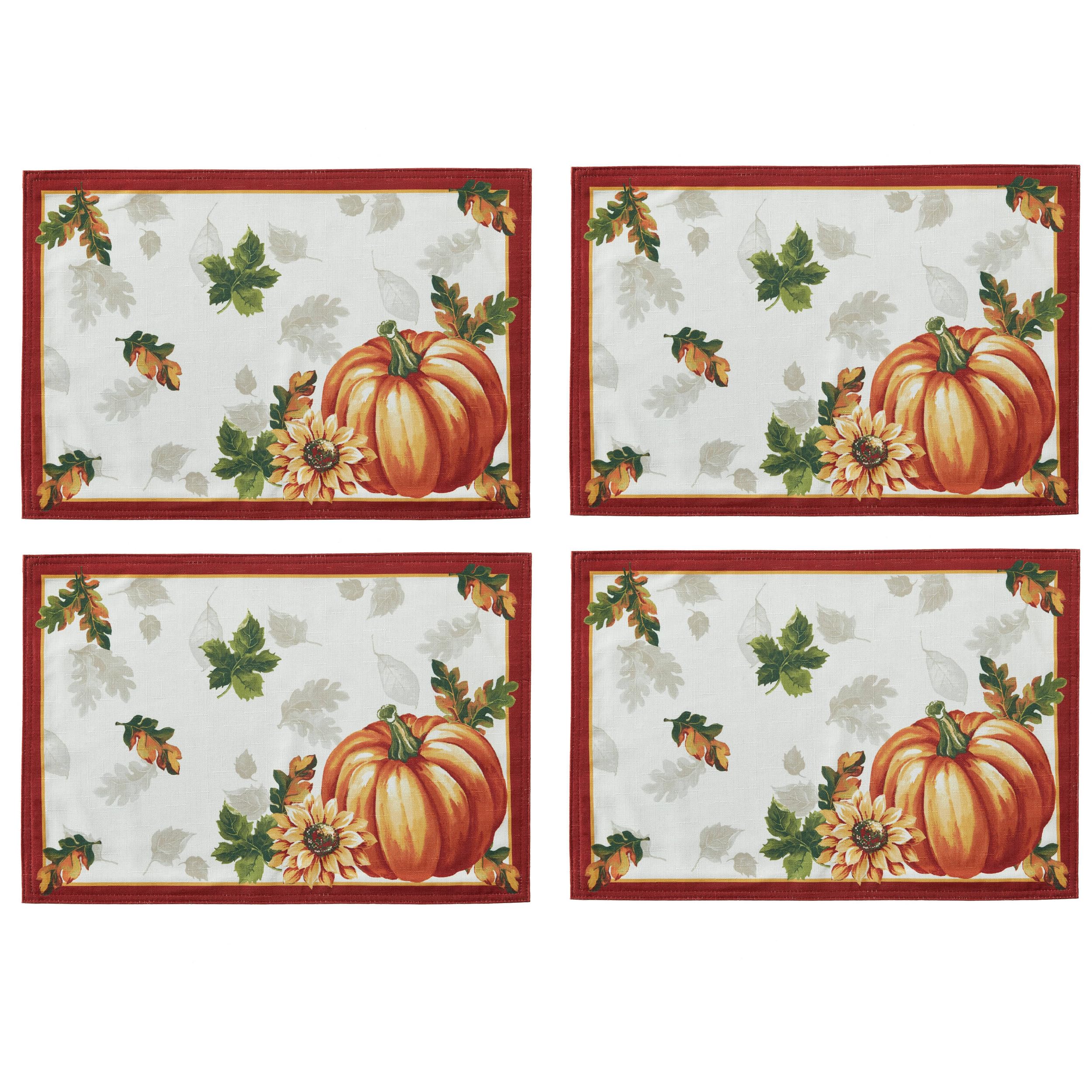 Newbridge Thanksgiving Autumn Bounty Bordered Fabric Placemats - Set of 4 Farmhouse Style Fall Harvest Place Settings with Pumpkin Design, Multicolor & Easy Care - Perfect for Holiday Dinners, Autumn Parties & Seasonal Table Decor