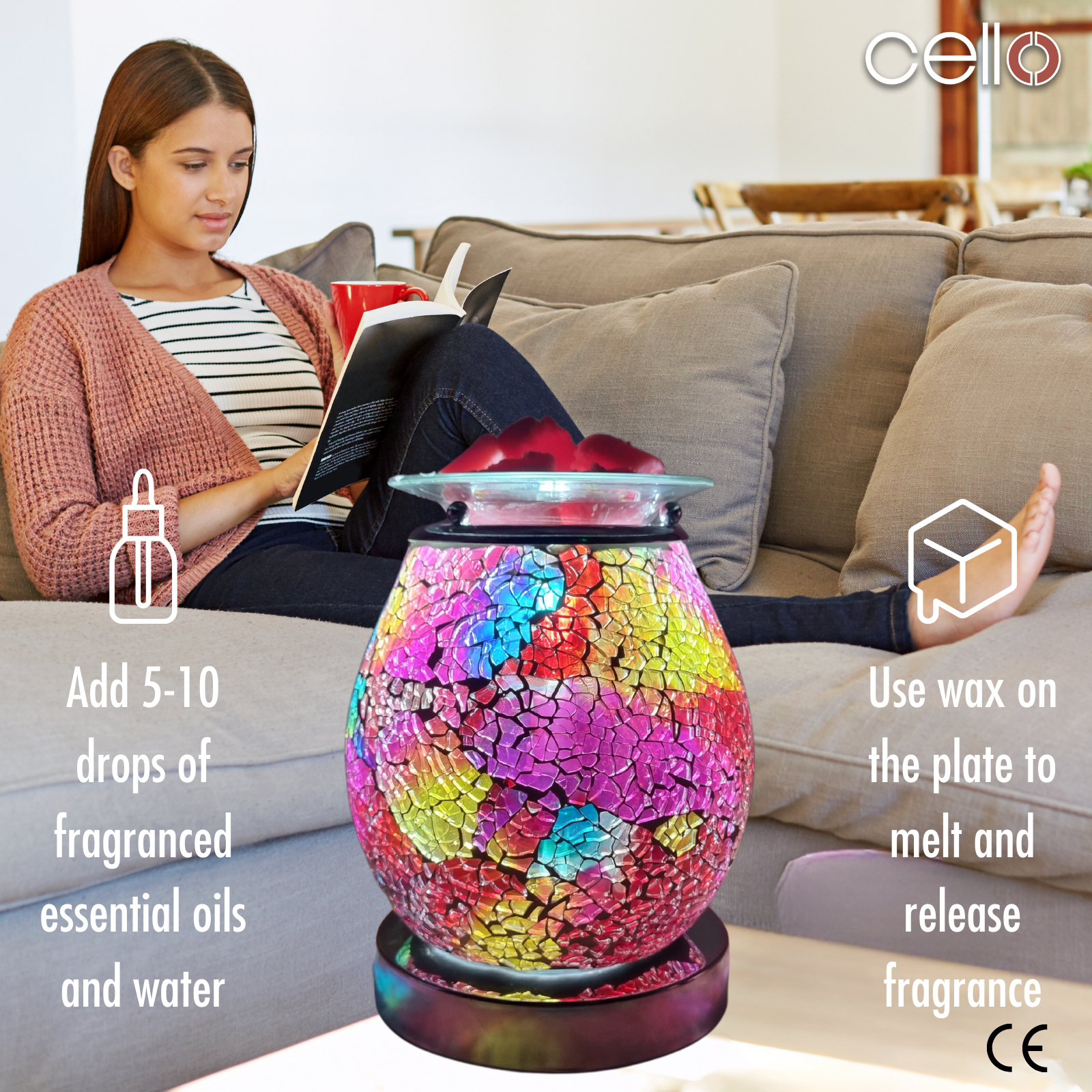Cello Electric Wax Burner with Touch Control & Mosaic Design - Multi-Color Wax Warmer for Home Aromatherapy, Spa Relaxation, and Gift Giving