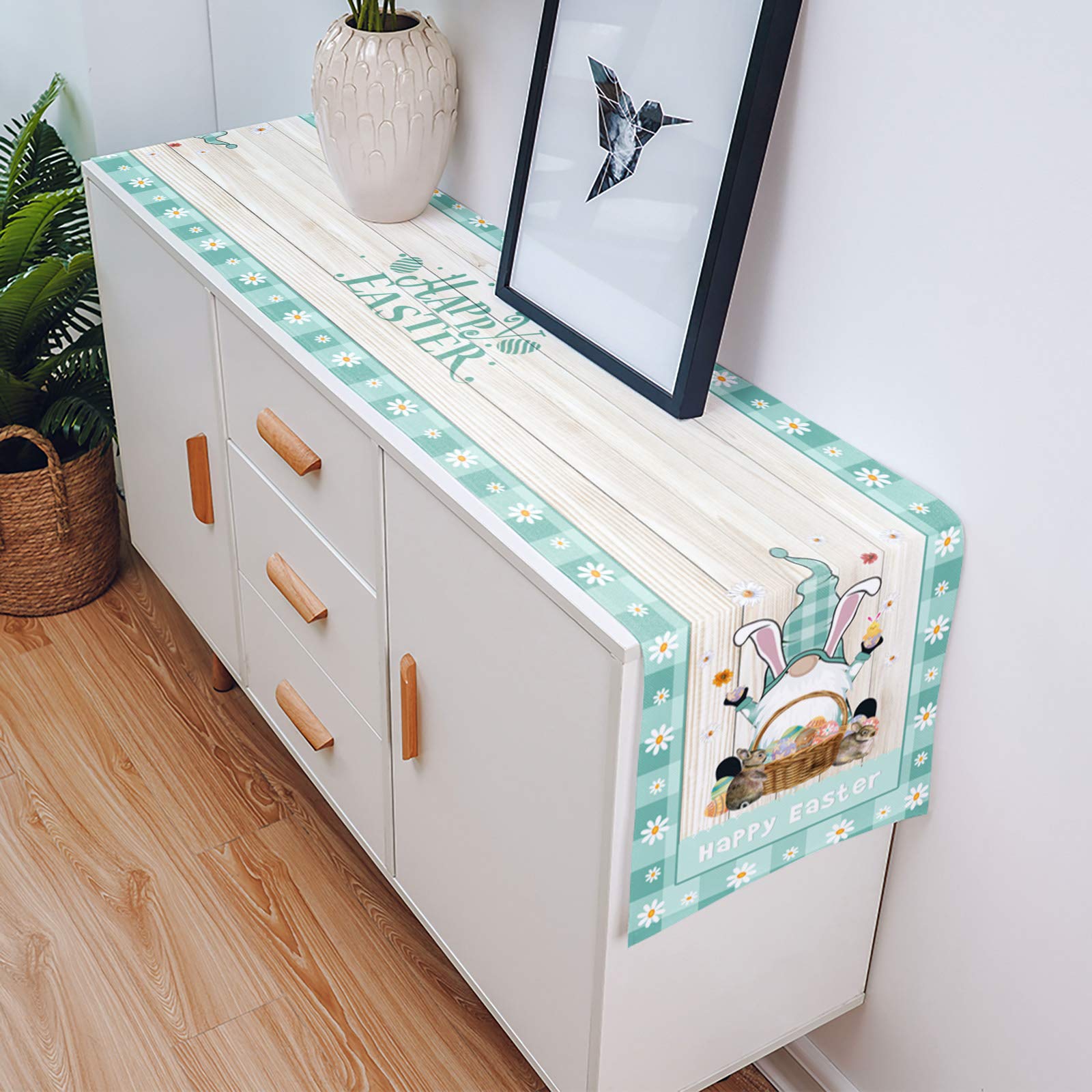 Easter Table Runner 13x90 Inches - Cute Gnome Bunny Egg Burlap Table Cover for Dining Room Kitchen Decor | Teal Buffalo Lace Retro Wooden Stripes Party Wedding Table Scarf | Perfect for Spring Celebrations, Holiday Dinners & Home Decor