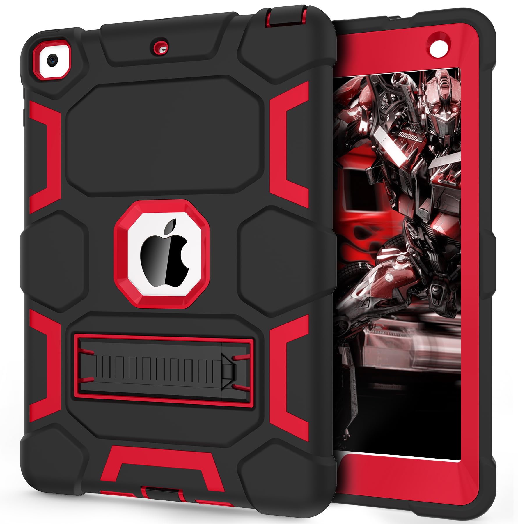 Shockproof iPad 9.7 Case with Kickstand - Compatible with iPad 6th/5th Gen (2018/2017), iPad Air 2 (2014) | Hybrid Protective Cover for Kids & Boys (Black+Red) | Perfect for School, Travel & Daily Use