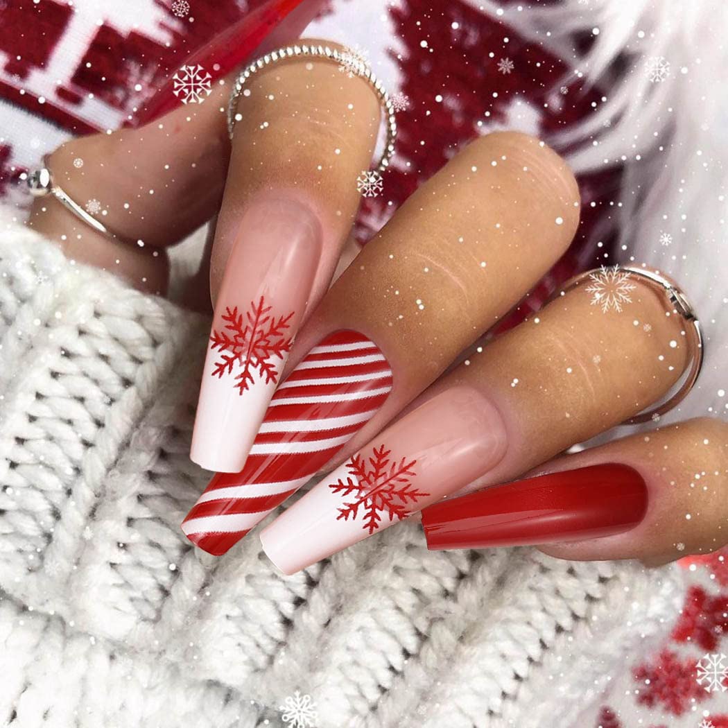24PCS Red Long Press on Nails - Glossy Christmas Fake Nails with Black Coffin Snowflake Design, Full Cover Acrylic False Nails for Women & Girls | Perfect for Holiday Parties, Gift Giving & Winter Nail Art (Type A)