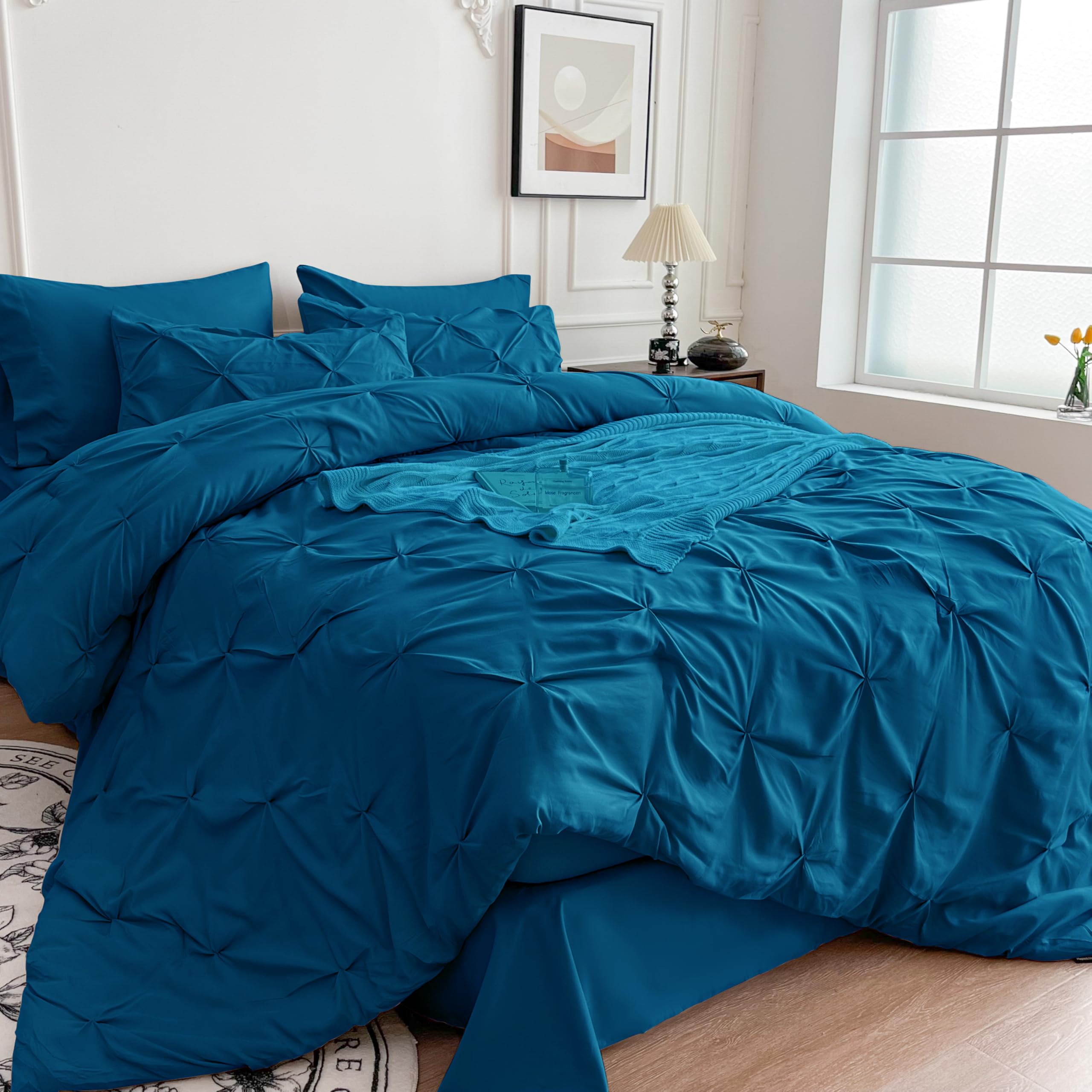 Maple & Stone 7-Piece King Size Comforter Set - Pintuck Design Bed in a Bag with Comforter, Sheets & Pillow Shams (Teal) | Luxury Bedding for Master Bedroom & Guest Room