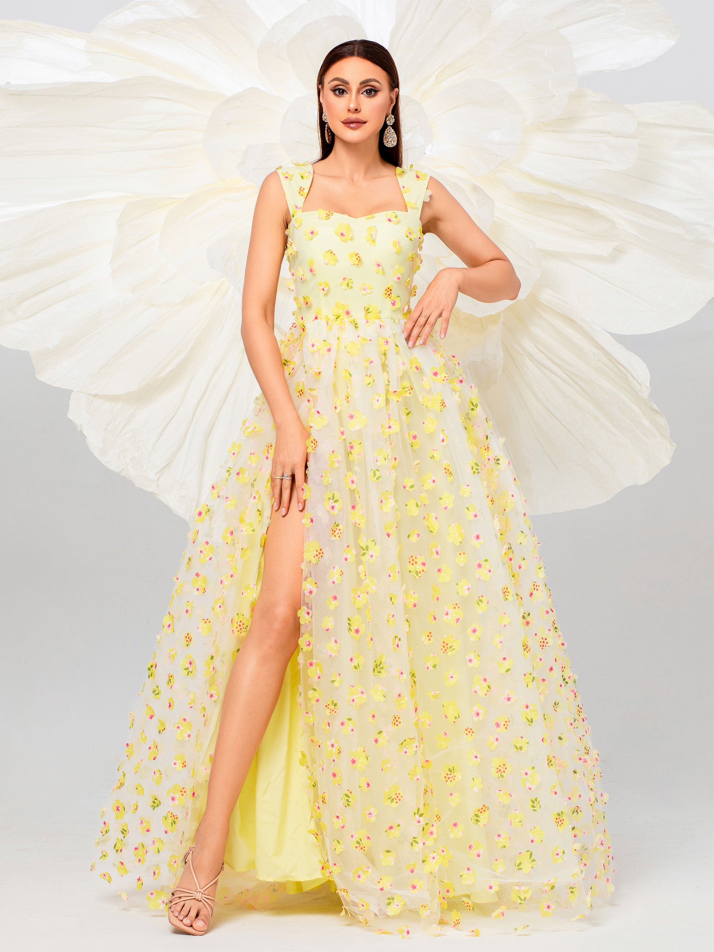 Elegant Appliqued Pink Camisole Floral Tulle Dress for Women - Perfect for Weddings, Parties & Special Occasions