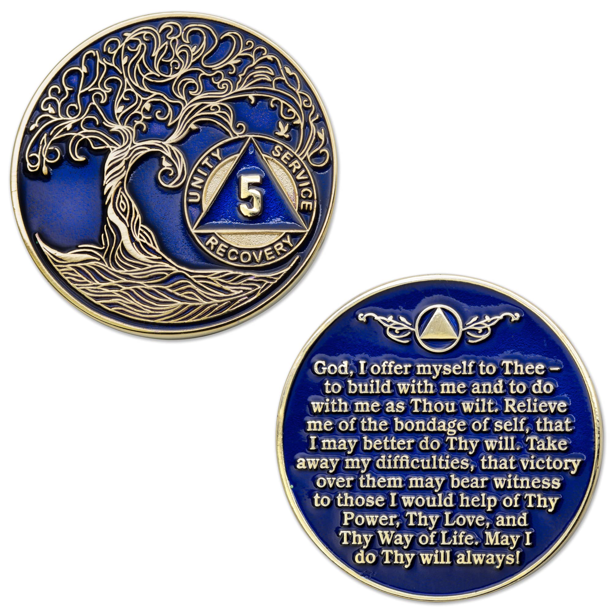5 Year AA Medallion Twisted Tree of Life Gold Plated AA Recovery Chip - Translucent Blue Sobriety Token for Alcoholics Anonymous, Inspirational Gift for Addiction Recovery & 12 Step Programs - Perfect for Meetings, Milestones and Spiritual Support