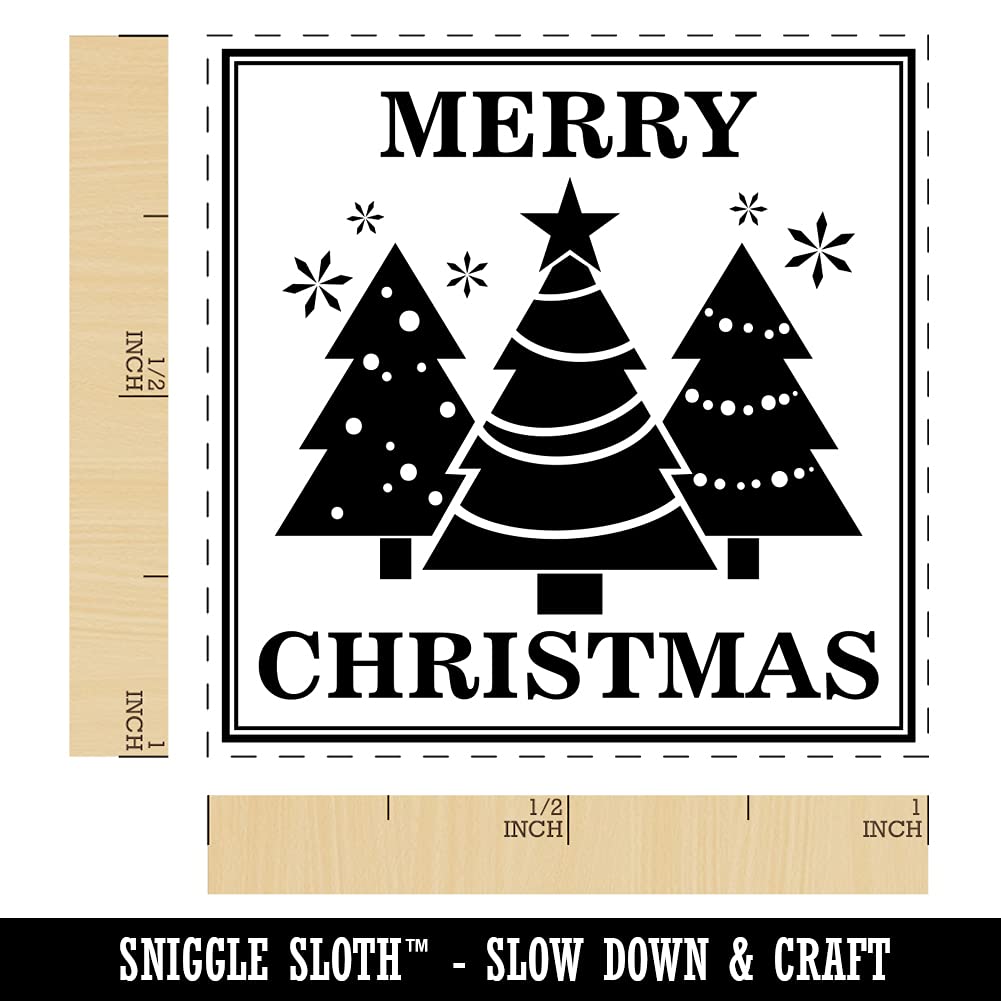 Merry Christmas Holiday Evergreen Trees Self-Inking Rubber Stamp - 1 Inch Small Stamp with Blue Ink - Perfect for Greeting Cards, Gift Wrapping & DIY Crafts