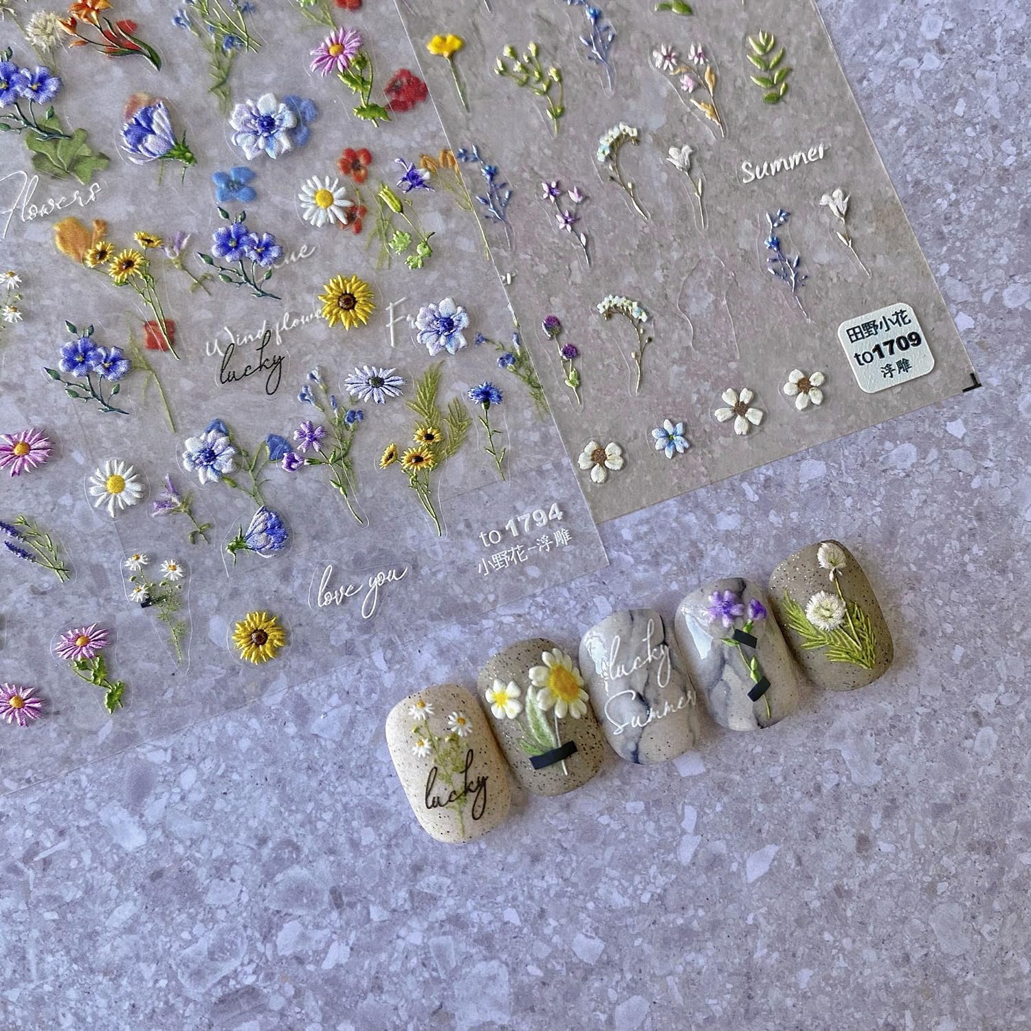 5D Floral Nail Stickers for Women - Summer Wildflower Daisy Leaf Nail Art Decals, 2 Sheets 3D Embossed Floral Nail Supplies for Manicure & Pedicure - Perfect for Spring Nail Designs, DIY Home Salon, Party Nail Art and Gift Giving