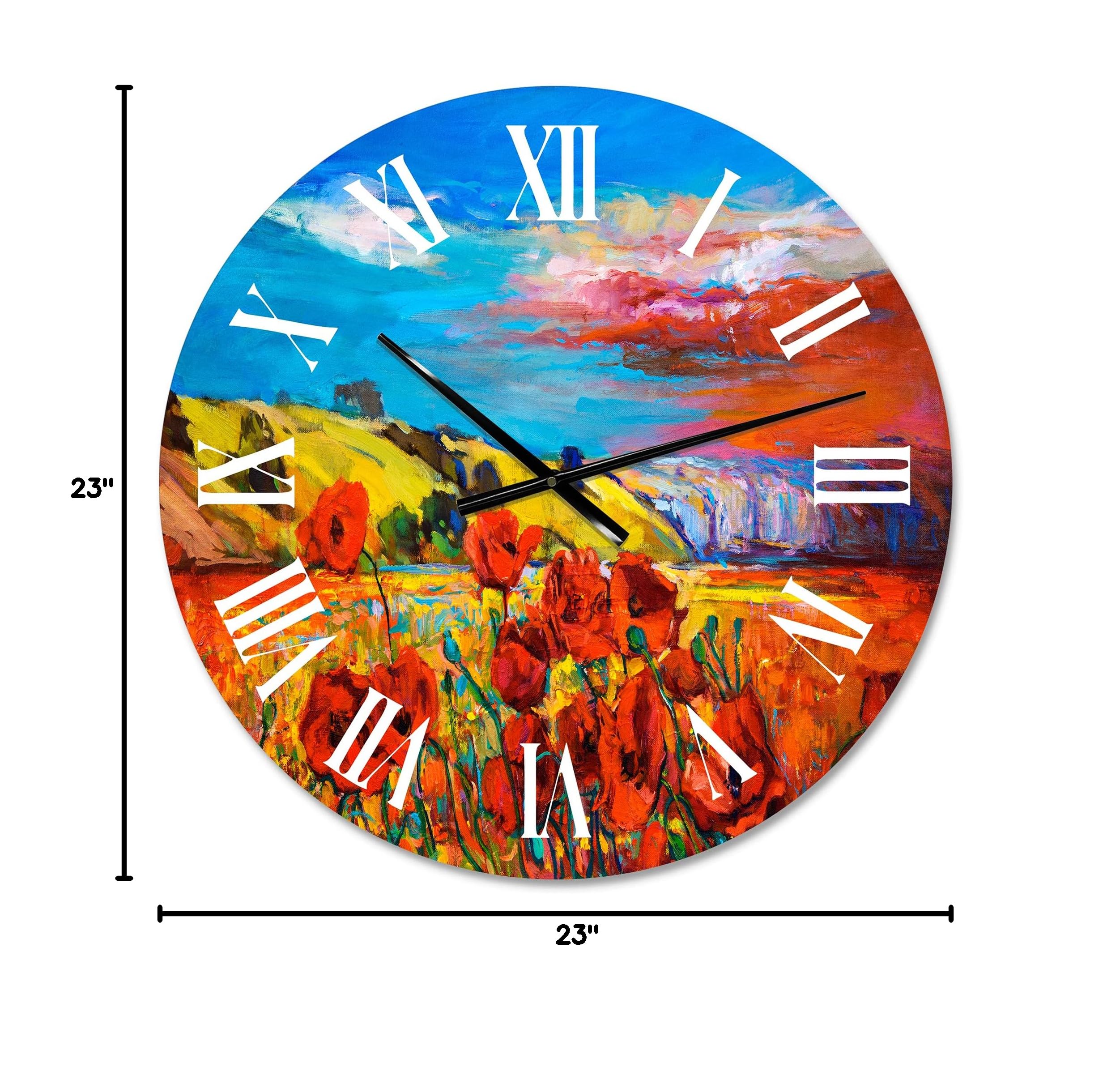 DesignQ Traditional Wall Clock 'Blossoming Red Poppy Fields Under Blue Sky' - Large Floral Botanical Wall Clock for Bedroom, Living Room, Office Decor | Perfect Home & Office Decoration Gift