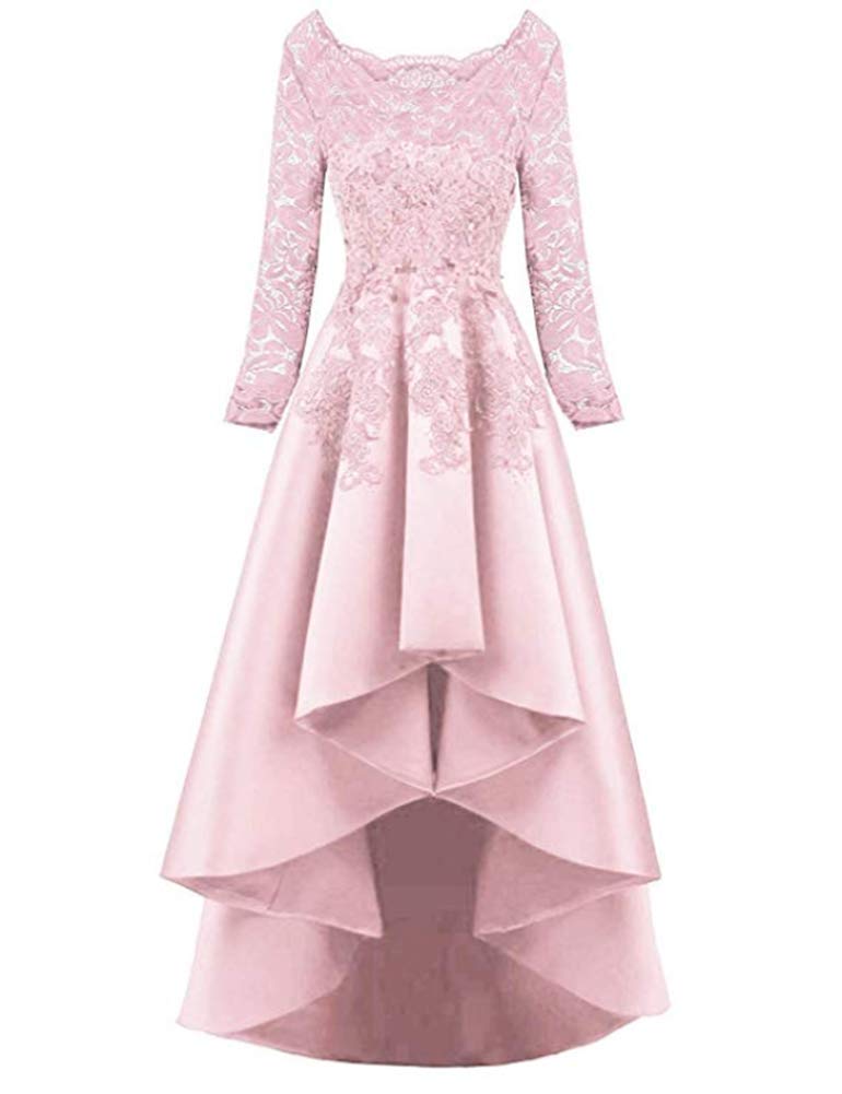 Elegant Pink Lace Long Sleeve Prom Dress for Women - High Low Hem Party Gown for Homecoming, Evening Gala & Special Occasions