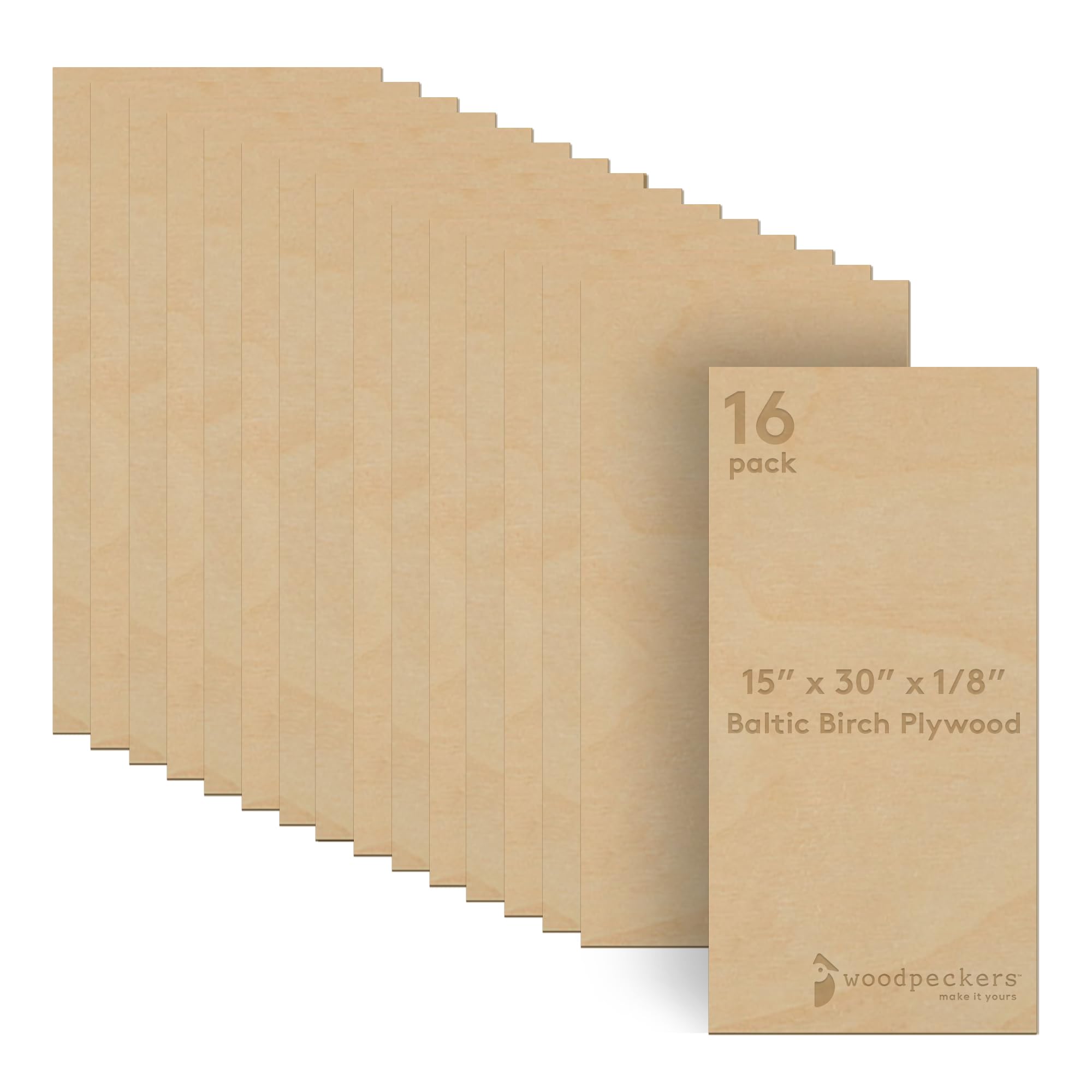 Premium Baltic Birch Plywood 15x30x1/8 Inch (3mm) - Pack of 16 B/BB Grade Craft Wood Sheets - Stronger Than Basswood & Balsa - Ideal for Laser Cutting, CNC Routing, Wood Burning, Pyrography, Model Making - Perfect for DIY Projects, Wood Crafts, and Home Decor by Woodpeckers