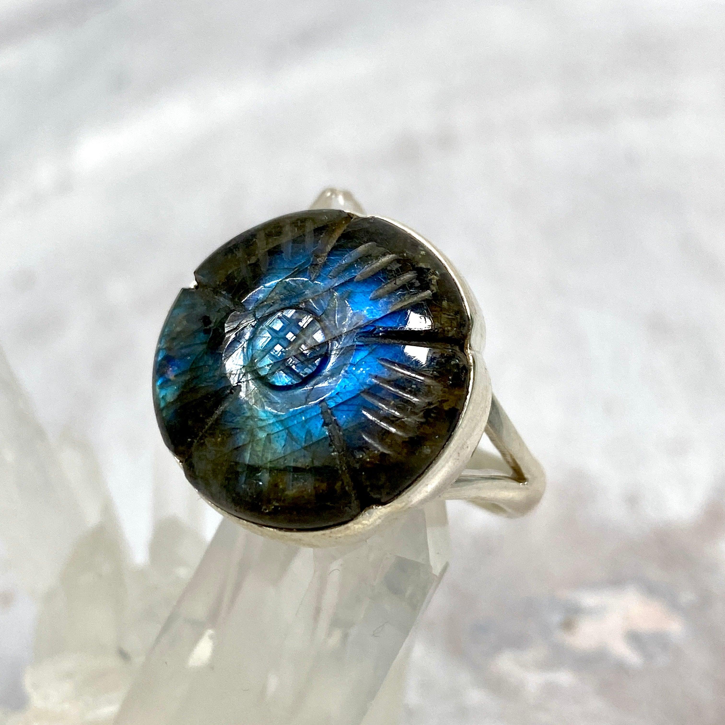 Labradorite Flower Cabochon Ring with Split Band - Sterling Silver Gemstone Jewelry for Women - Perfect for Boho Style, Gift Giving & Special Occasions