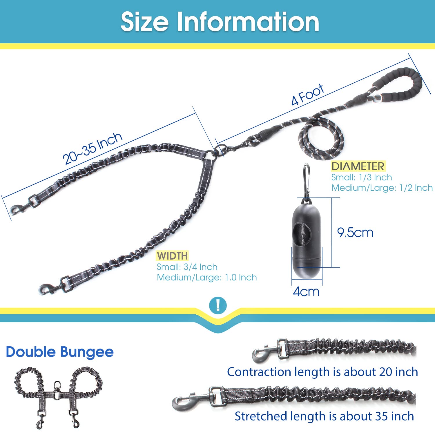 BAAPET 4 FT Double Dog Leash with Shock Absorbing Bungee & Poop Bags - Tangle Free Rope Leash for Small Medium Large Dogs (Medium/Large, Black) - Perfect for Walking, Training & Outdoor Adventures with Two Pets