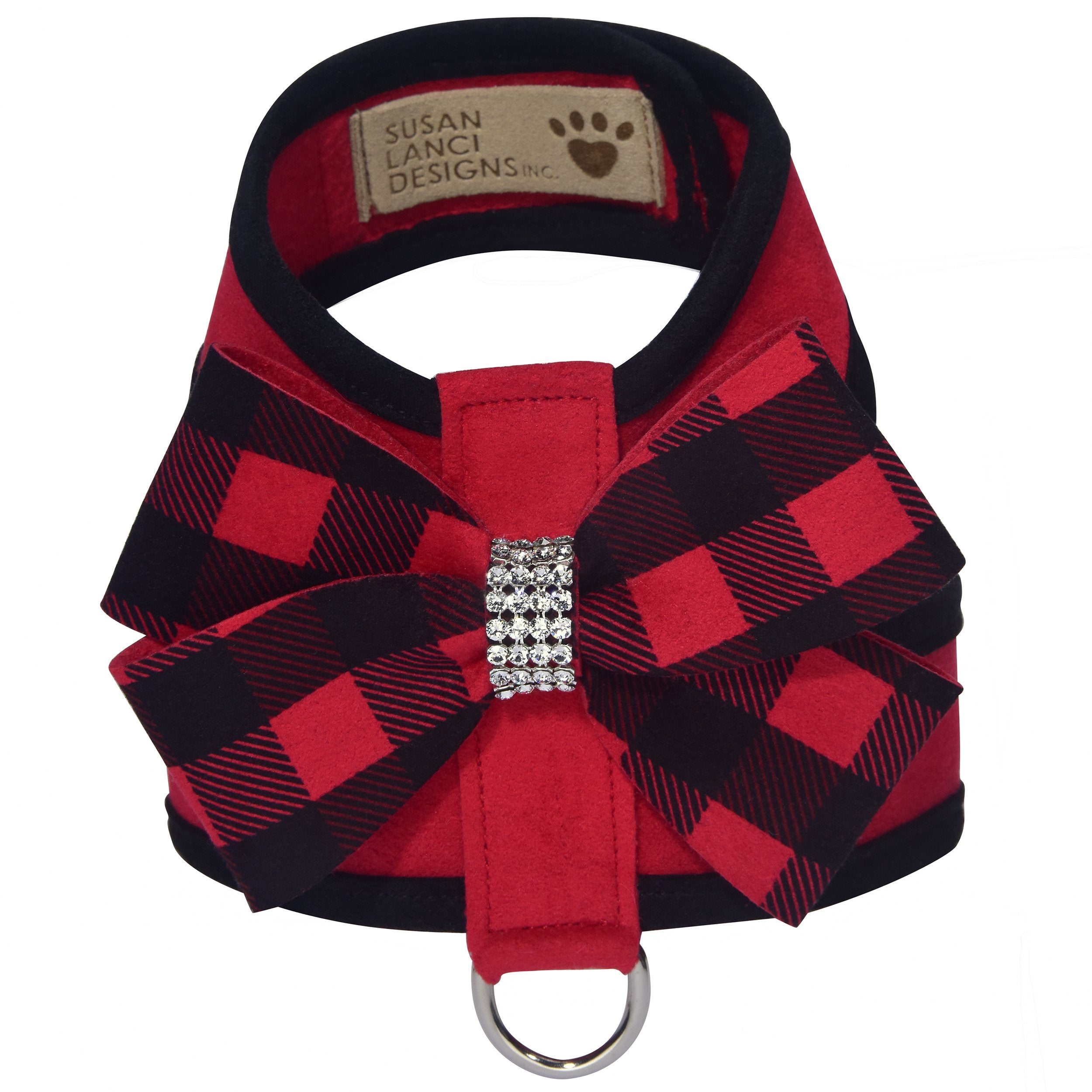 Red Gingham Nouveau Bow Tinkie Dog Harness with Black Trim - Stylish & Comfortable Pet Accessory for Small Dogs, Perfect for Walks, Training & Outdoor Adventures