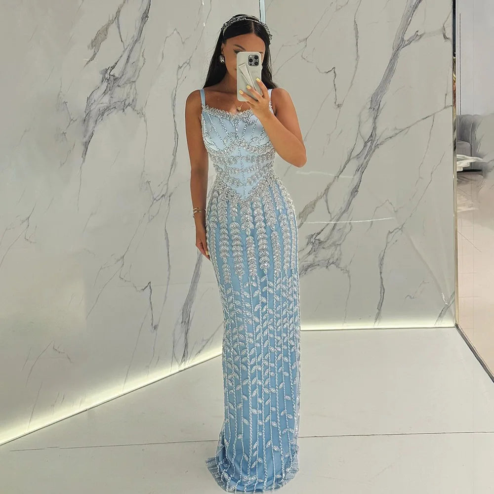 Luxury Dubai Arabic Blue Spaghetti Strap Mermaid Gown - Beaded Saudi Evening Dress for Formal Occasions, Weddings, Prom & Special Events LA72725