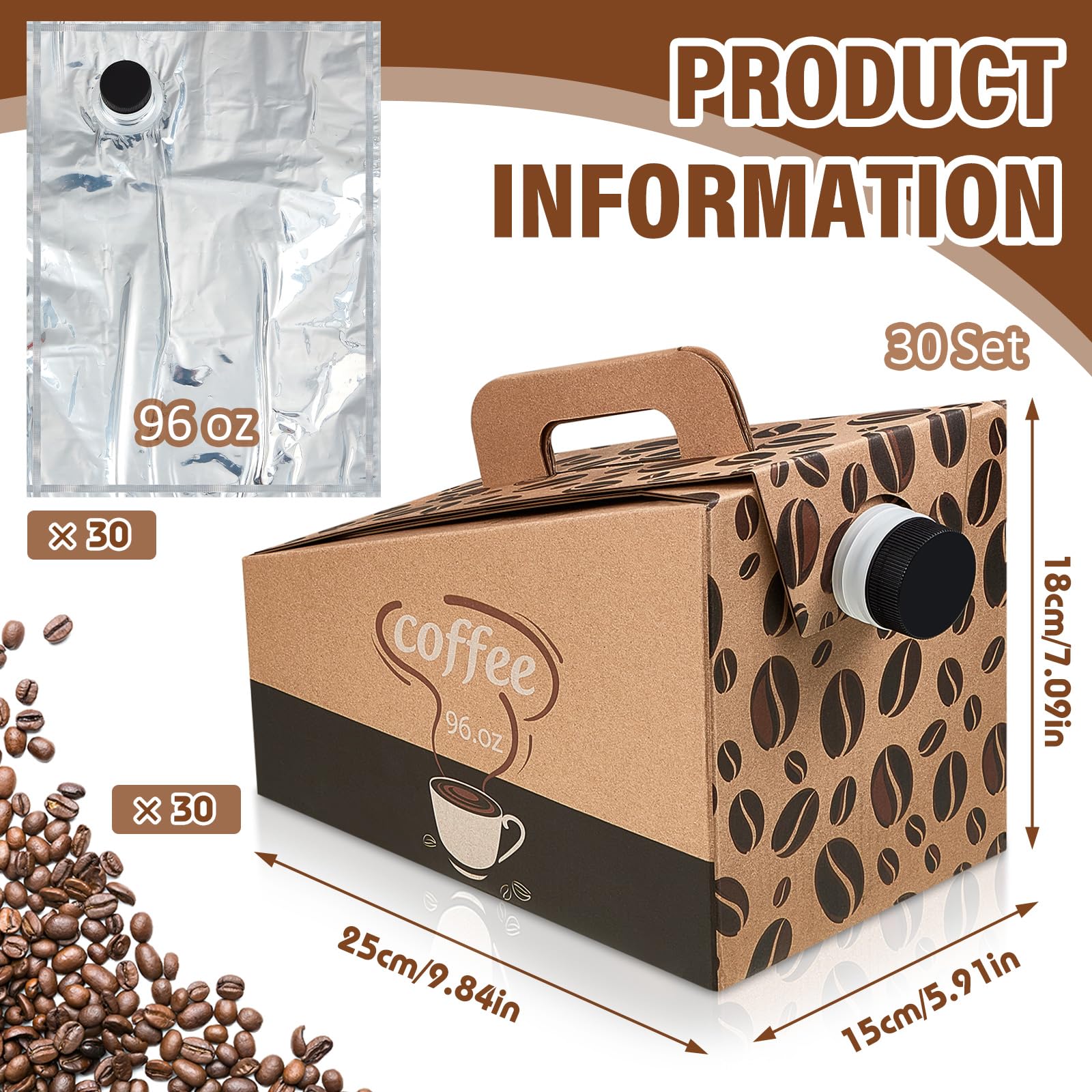 Dandat 30 Pack Insulated Coffee Box - 96 oz Disposable Hot & Cold Beverage Dispenser with Handle & Lids | Thick Hardboard Catering Servers for Office, Events, Parties & Outdoor Use