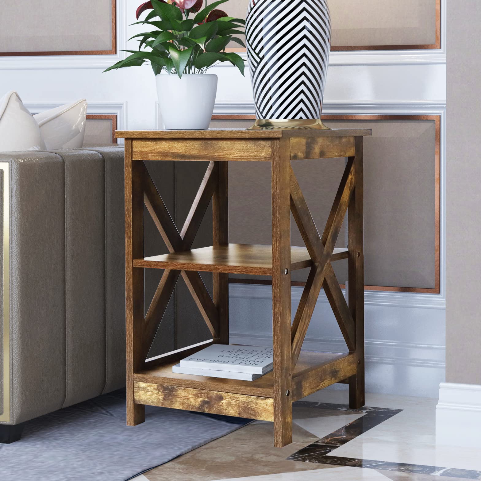 Rainbow Sophia Side Table - Modern Farmhouse Wood End Table with 3-Tier Storage Shelf, Rustic Nightstand for Living Room, Bedroom & Office - Perfect for Home Decor, Books & Plants Organization
