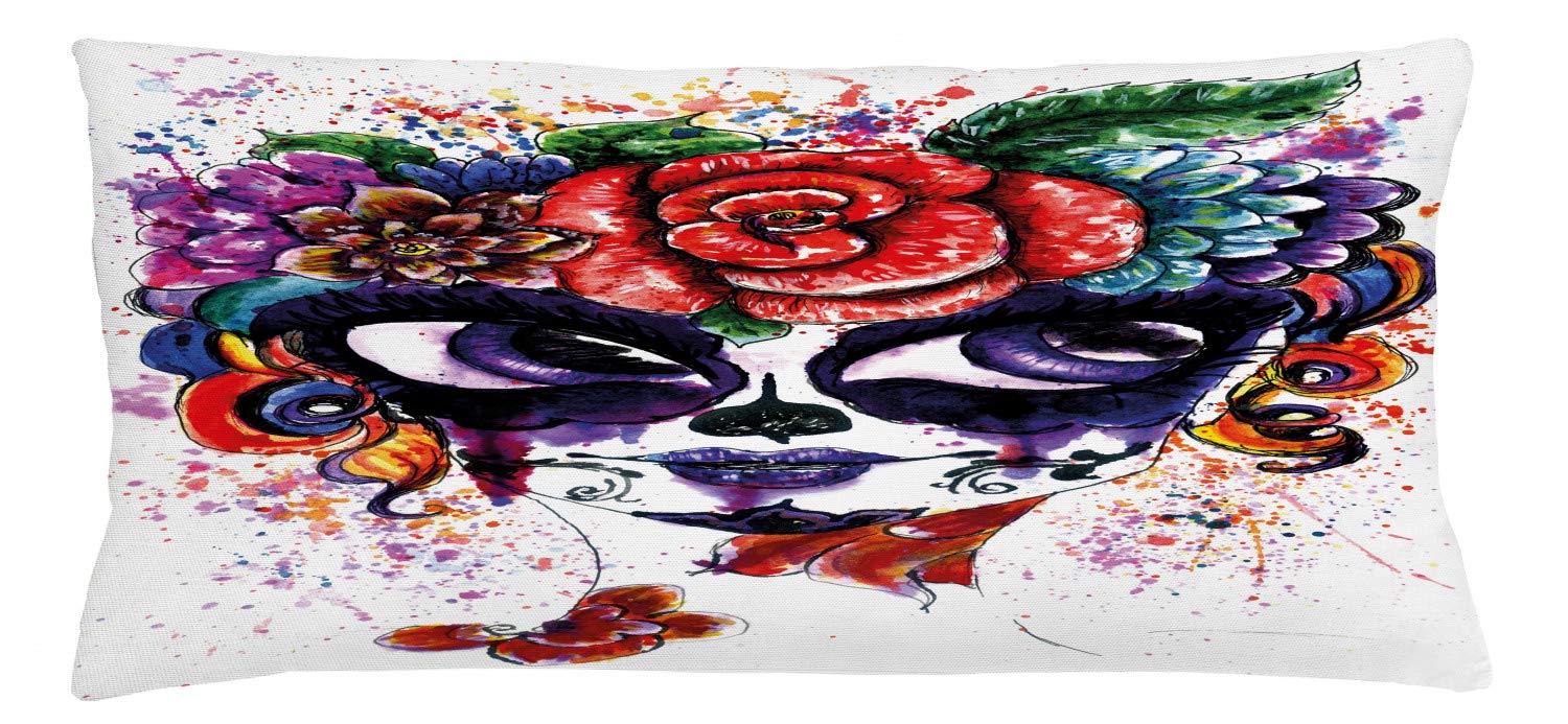 Ambesonne Sugar Skull Throw Pillow Cover 18x36 Inches - Vibrant Watercolor Floral Crown Design, Decorative Cushion Case for Halloween, Dia de Los Muertos, Gothic Home Decor - Perfect for Sofa, Bed, Dorm Room