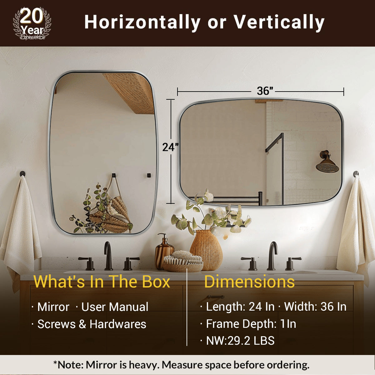 Modern Rectangular Bathroom Mirror with Thick Stainless Steel Frame - Large Oval Wall Mirror for Vanity, Makeup, and Home Decor