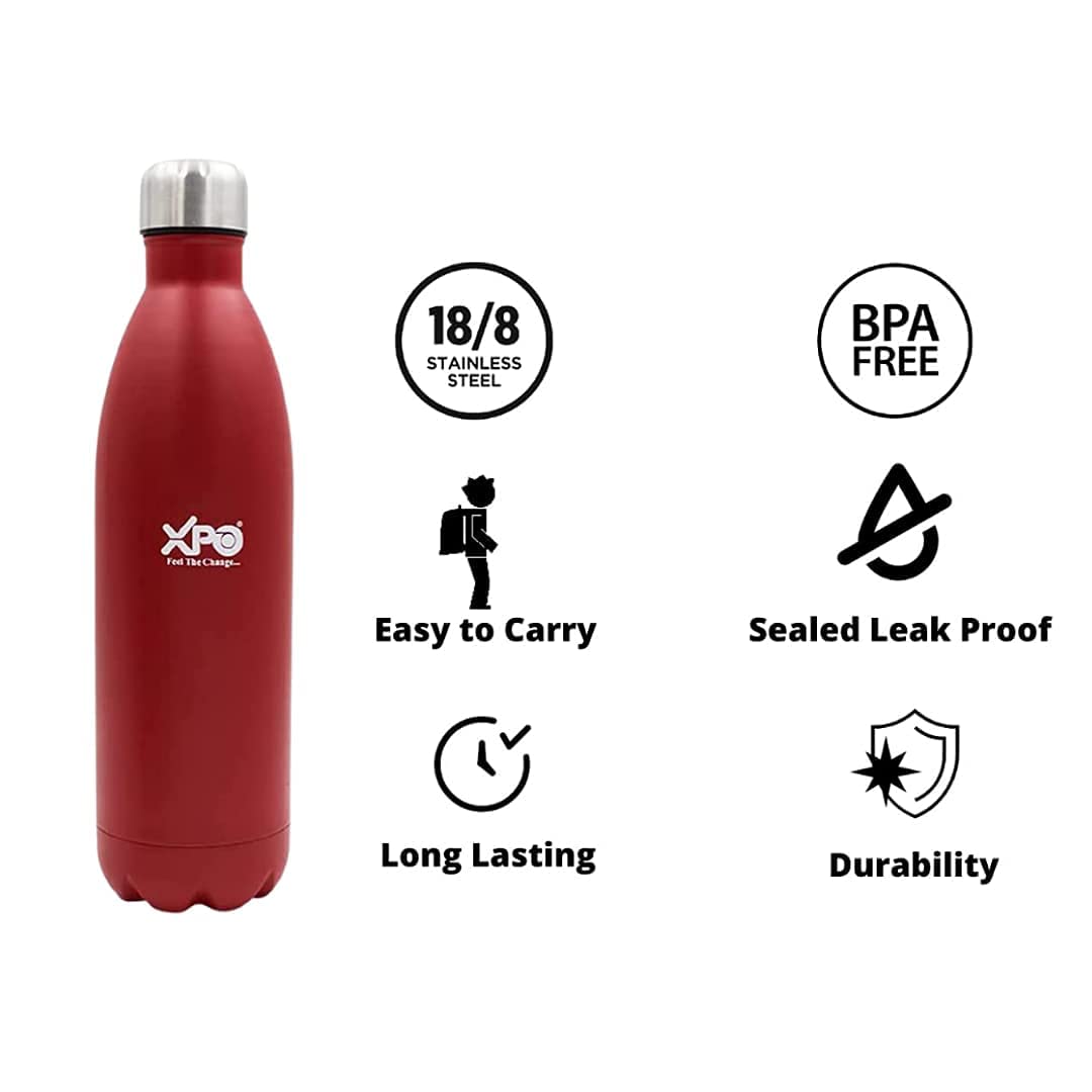 XPO Stainless Steel Vacuum Insulated Water Bottle - 16oz, Leakproof, BPA-Free, Scratch Resistant, Keeps Hot & Cold for 24 Hours (Red) - Perfect for Hiking, Gym, Office & Outdoor Activities