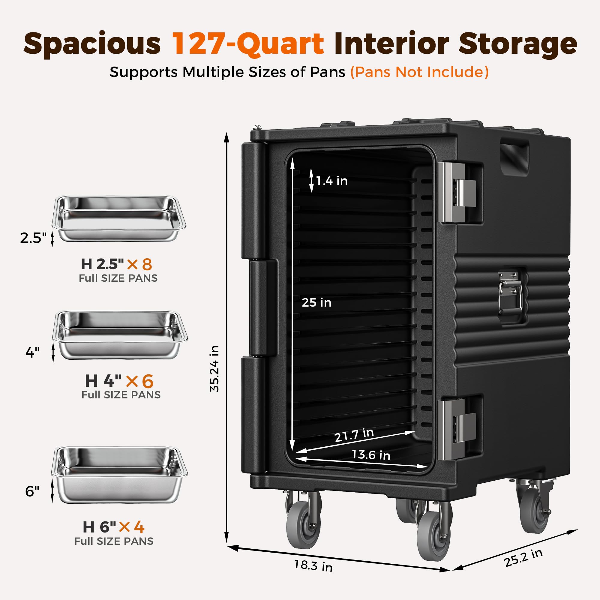 127QT Commercial Food Warmer with Swivel Casters - 304 Stainless Steel Catering Hot Box for Restaurants & Events - Insulated Food Carrier Holds 8 Full-Size Pans (Pans Not Included) - Perfect for Buffets, Catering Services & Large Gatherings