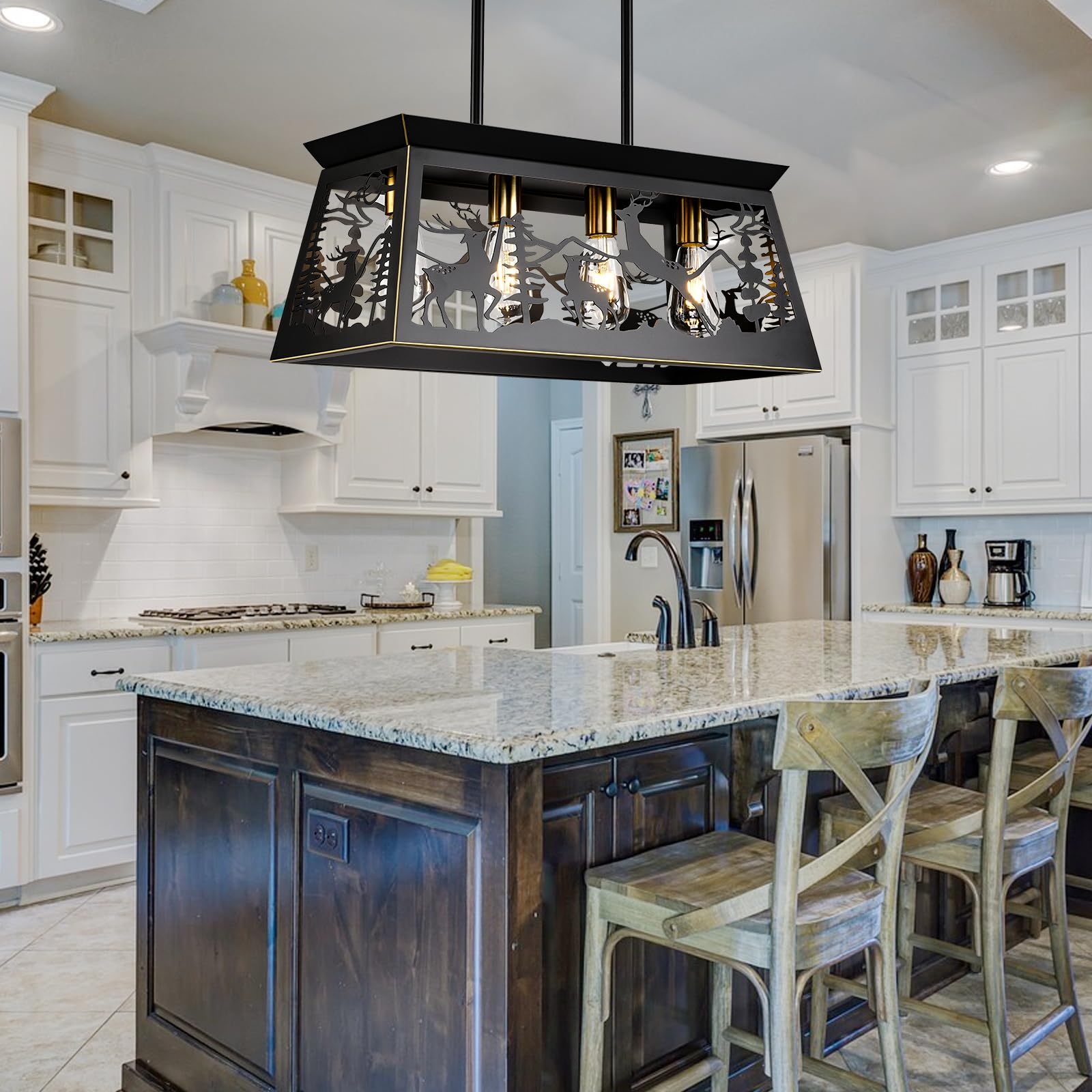 Rustic Black Rectangle Farmhouse Chandelier - 24-Inch 4-Light Deer Design Pendant Lighting for Dining Room, Kitchen Island & Table - Perfect for Country Homes, Cabin Decor & Farmhouse Style Interiors