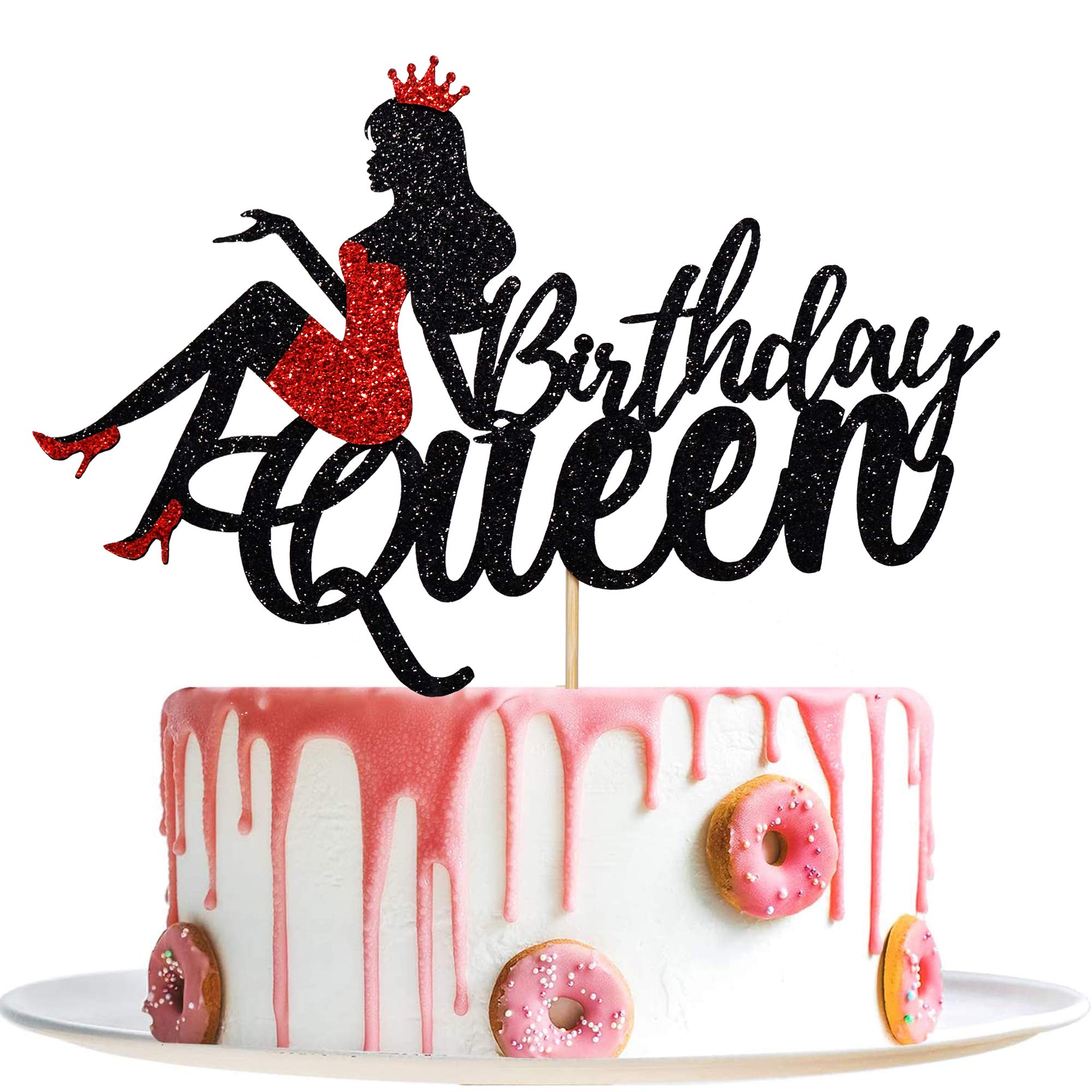 Birthday Queen Cake Topper - Glitter Crown & High Heels Cake Decoration for Girls - Black Party Decor - Perfect for Birthday Cakes, Cupcakes & Dessert Tables