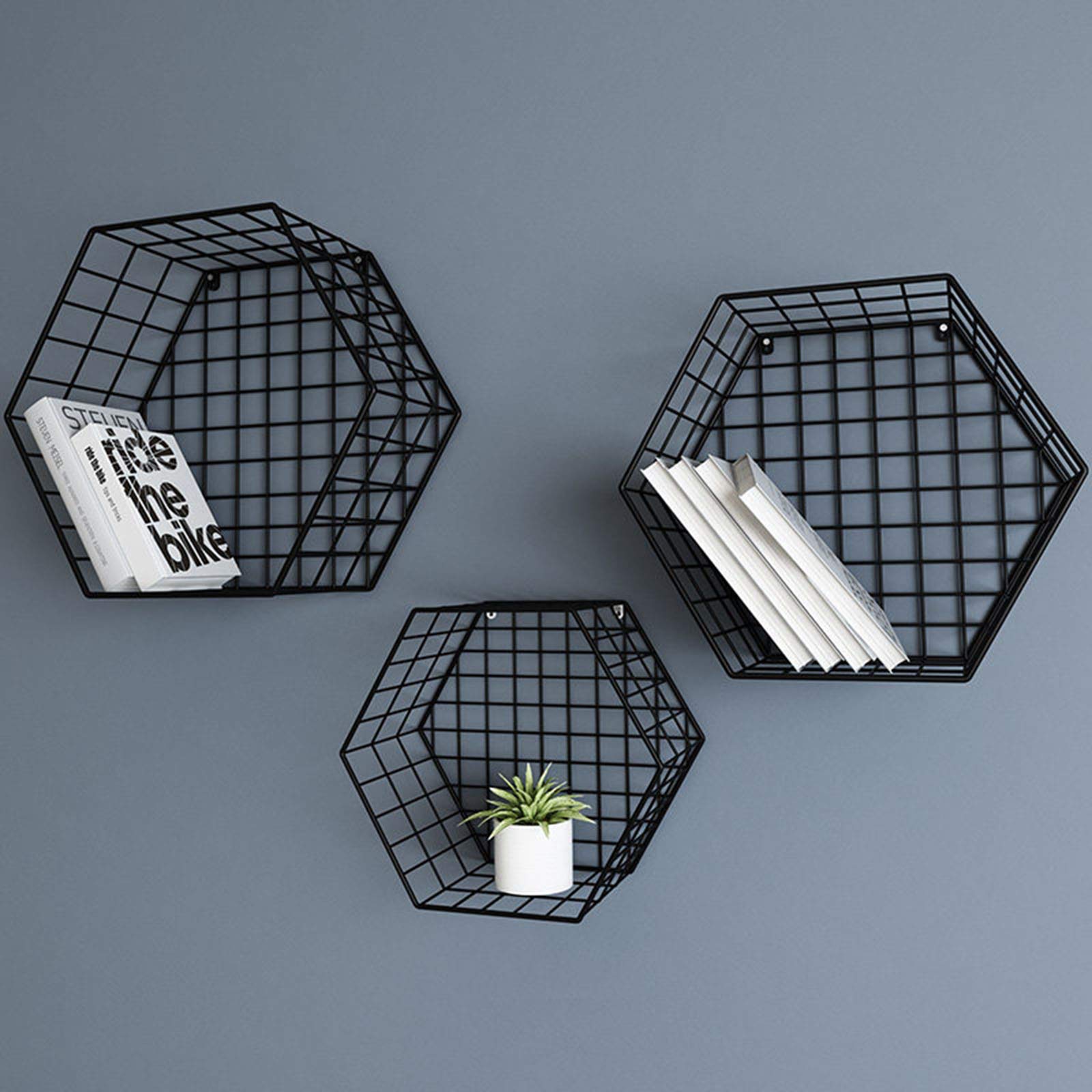PZJ Black Metal Wall Shelf - Hexagonal Floating Mounted Wire Rack for Modern Home Decor, Plant & Flower Display - Perfect for Living Room, Bedroom, or Office Organization