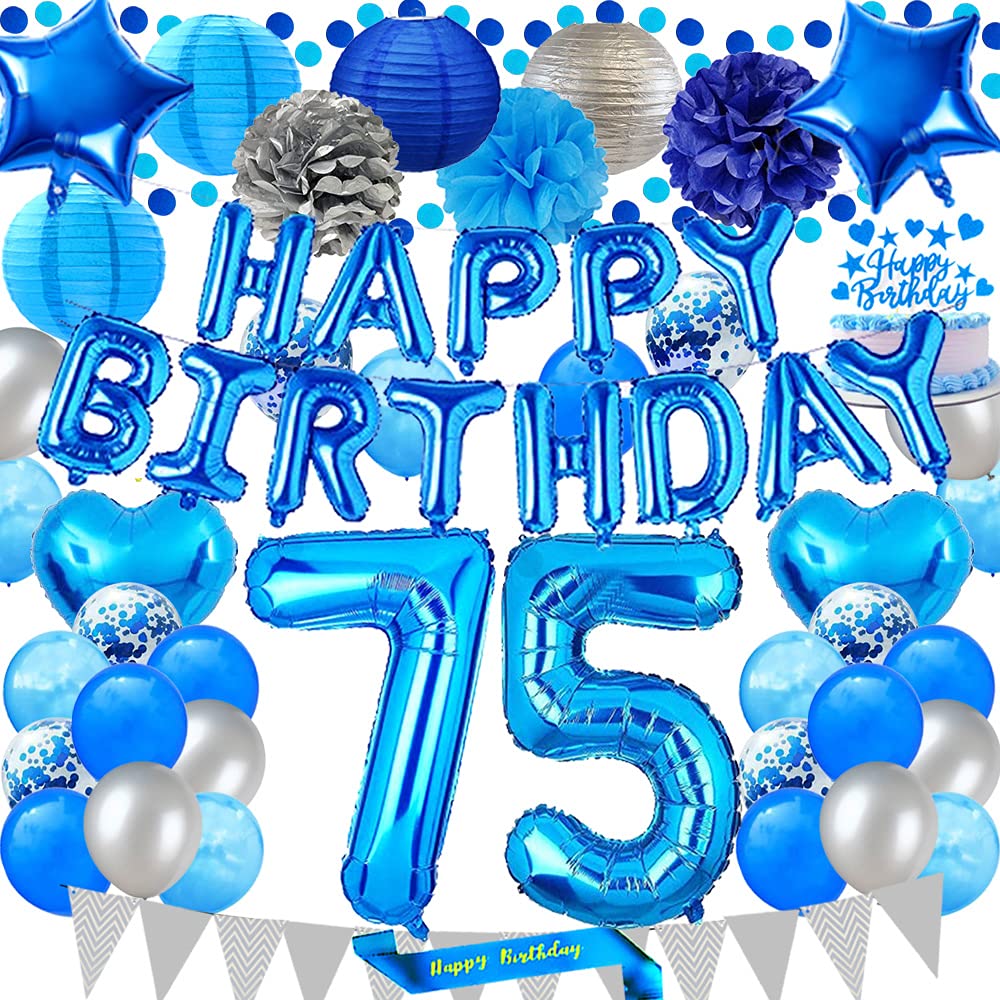 Blue 75th Birthday Party Decorations Set - Happy Birthday Banner, Sash, Cake Topper, Number 75 Balloons & Paper Lanterns for 75 Years Old Celebration - Perfect for Milestone Birthday Parties, Retirement Celebrations & Family Gatherings