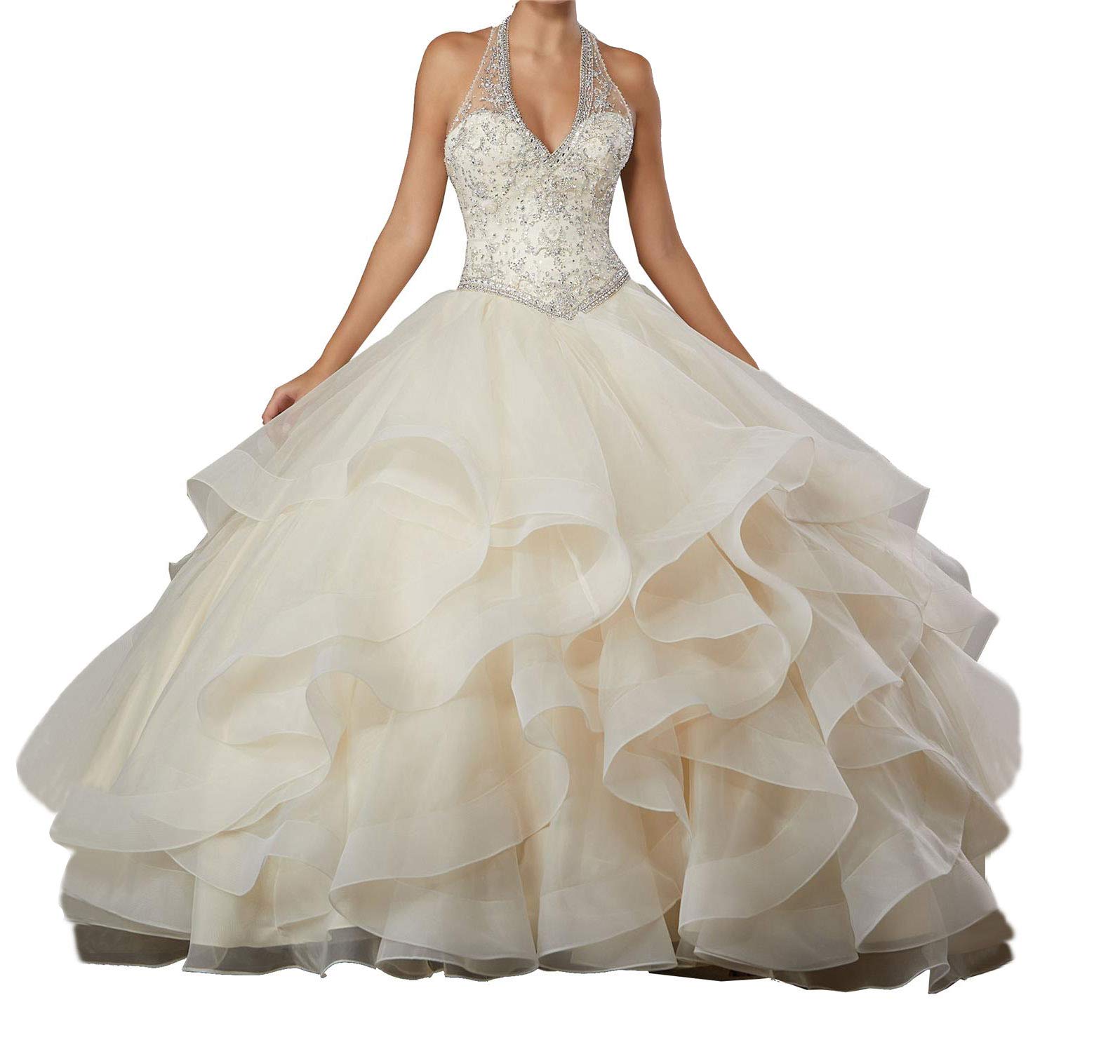Emanni Women's Halter Beaded Quinceanera Dress - Sleeveless Ball Gown for Girls Size 16 in Lemon Yellow | Perfect for Sweet 16 Parties, Quinceaneras, Prom & Formal Events