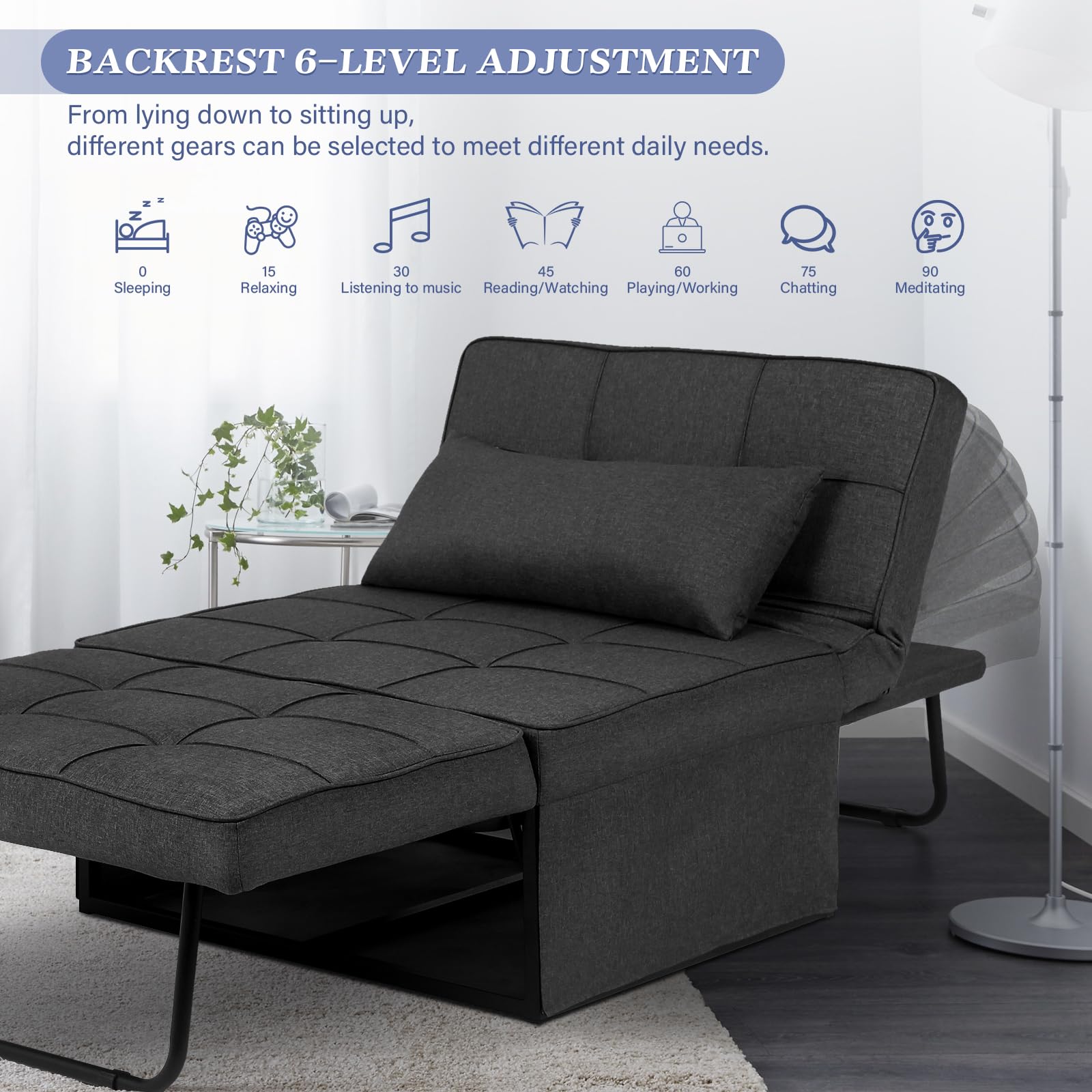 Saemoza 4-in-1 Multi-Functional Folding Sofa Bed with Ottoman - Convertible Sleeper Sofa Chair with Adjustable Backrest, Breathable Linen Fabric for Living Room, Small Apartment, Guest Room - Deep Grey | Perfect for Space-Saving, Overnight Guests & Studio Apartments
