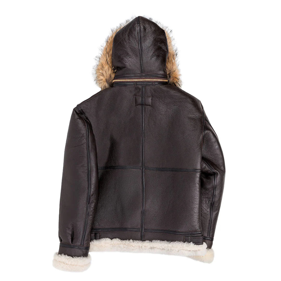 Cockpit USA Men's B-3 Sheepskin Bomber Jacket with Hood - Genuine Leather Aviator Coat for Winter, Cold Weather & Outdoor Activities